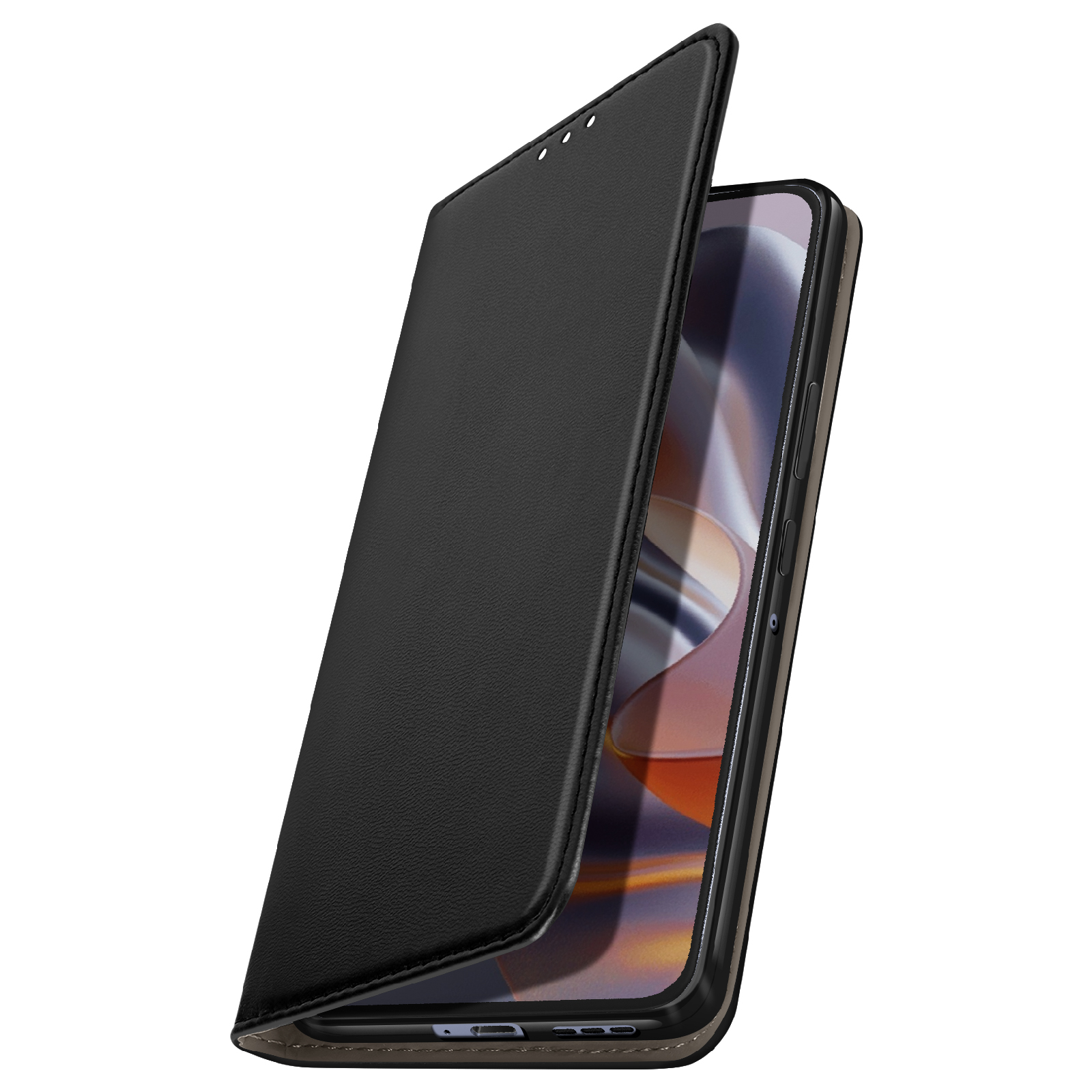 Schwarzes Telefon mit schwarzer Klapphülle, zeigt den Bildschirm des Telefons, mit braunem Innenraum.