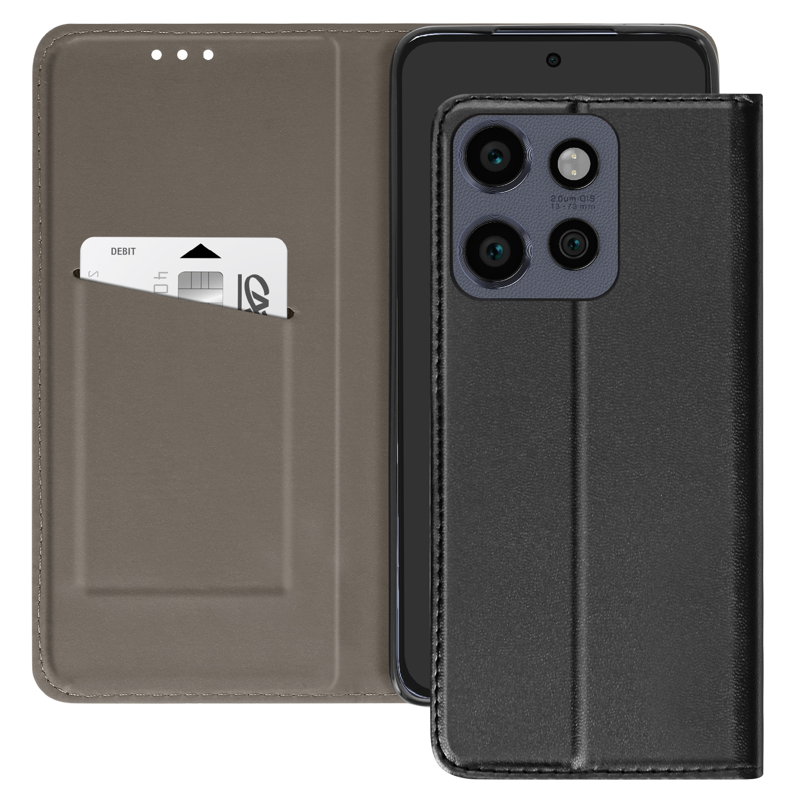Schwarze Handyhülle mit Kartenfach, die eine Debitkarte und ein schwarzes Handy hält.