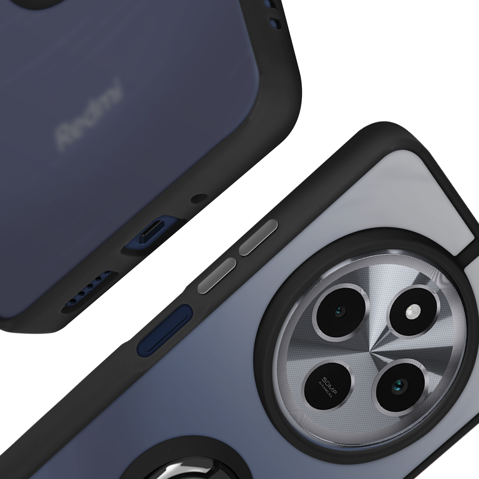 Primo piano di una custodia per telefono con cornice nera e retro trasparente, con una sfumatura blu e la scritta Redmi.