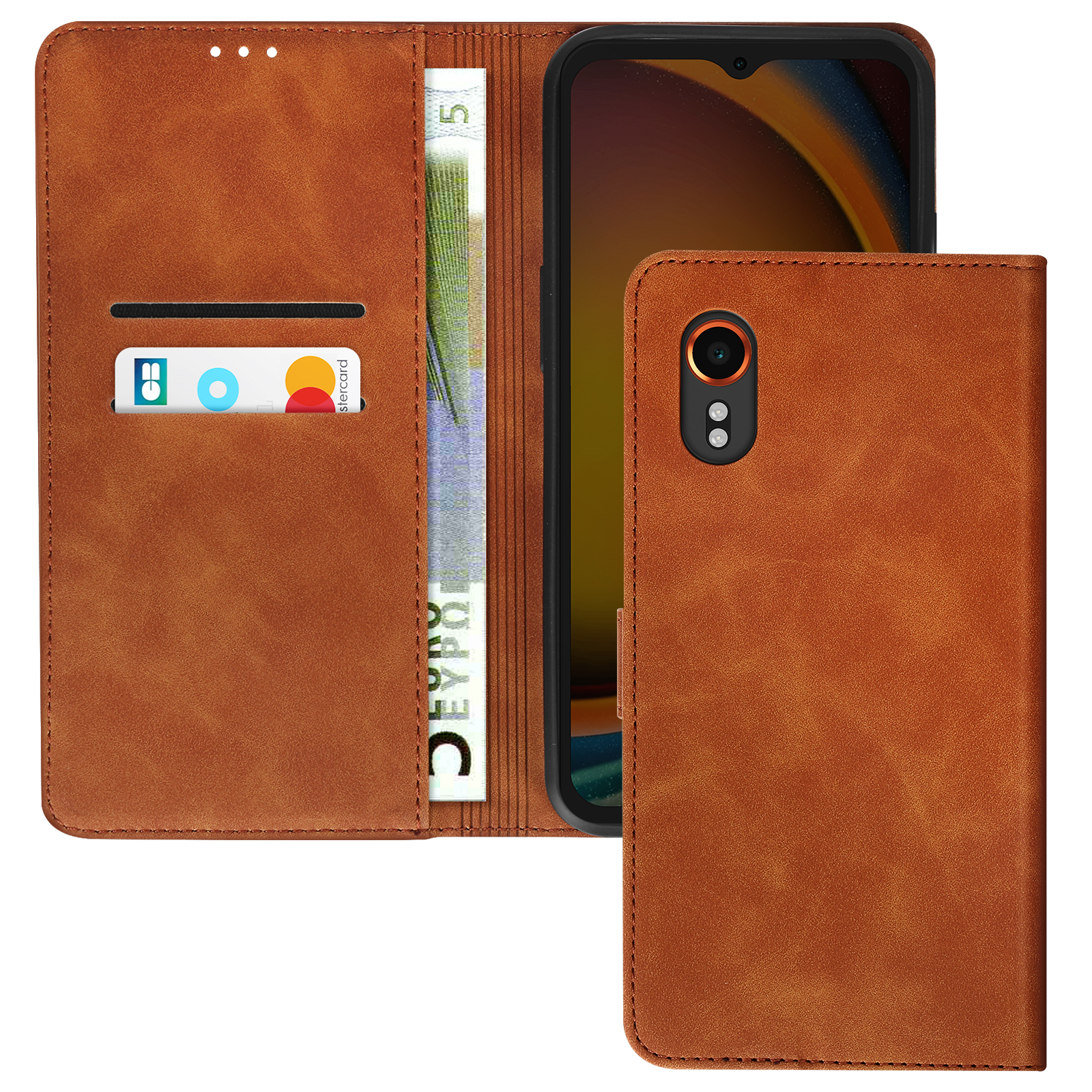 Eine braune Leder-Handyhülle mit Telefon, Geld und Karte. Die Hülle ist offen.