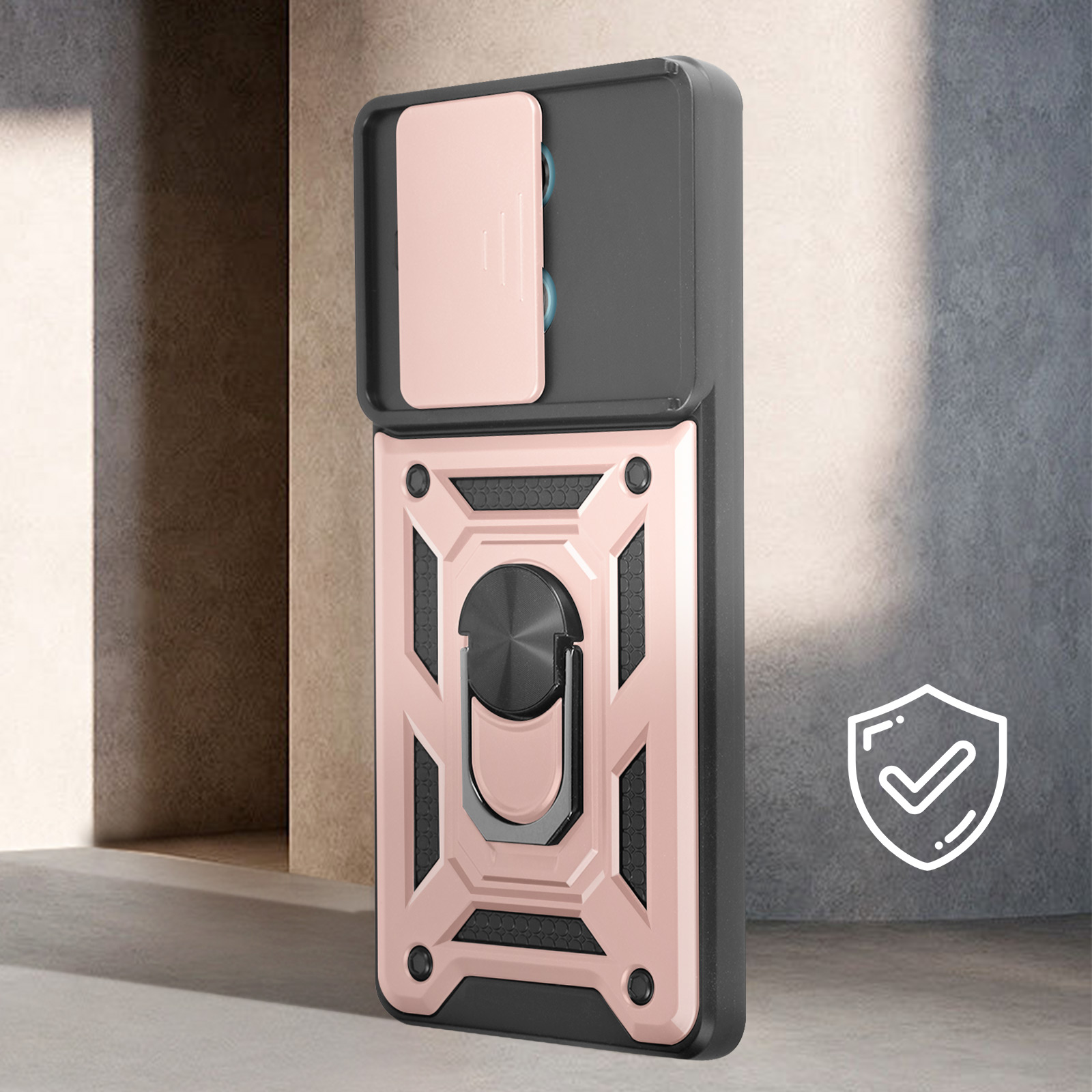 Una custodia per telefono con un design nero e oro rosa, un portaanello e un'icona di spunta.