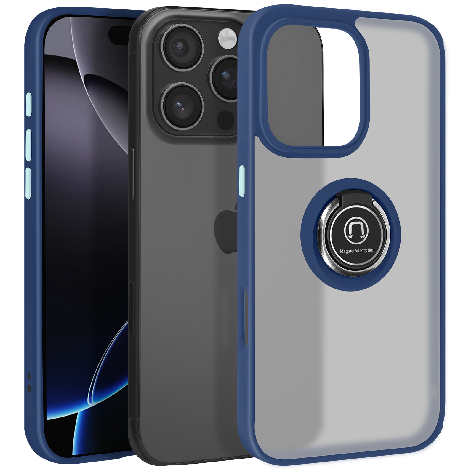 Telefono con custodia blu e trasparente, supporto ad anello magnetico.