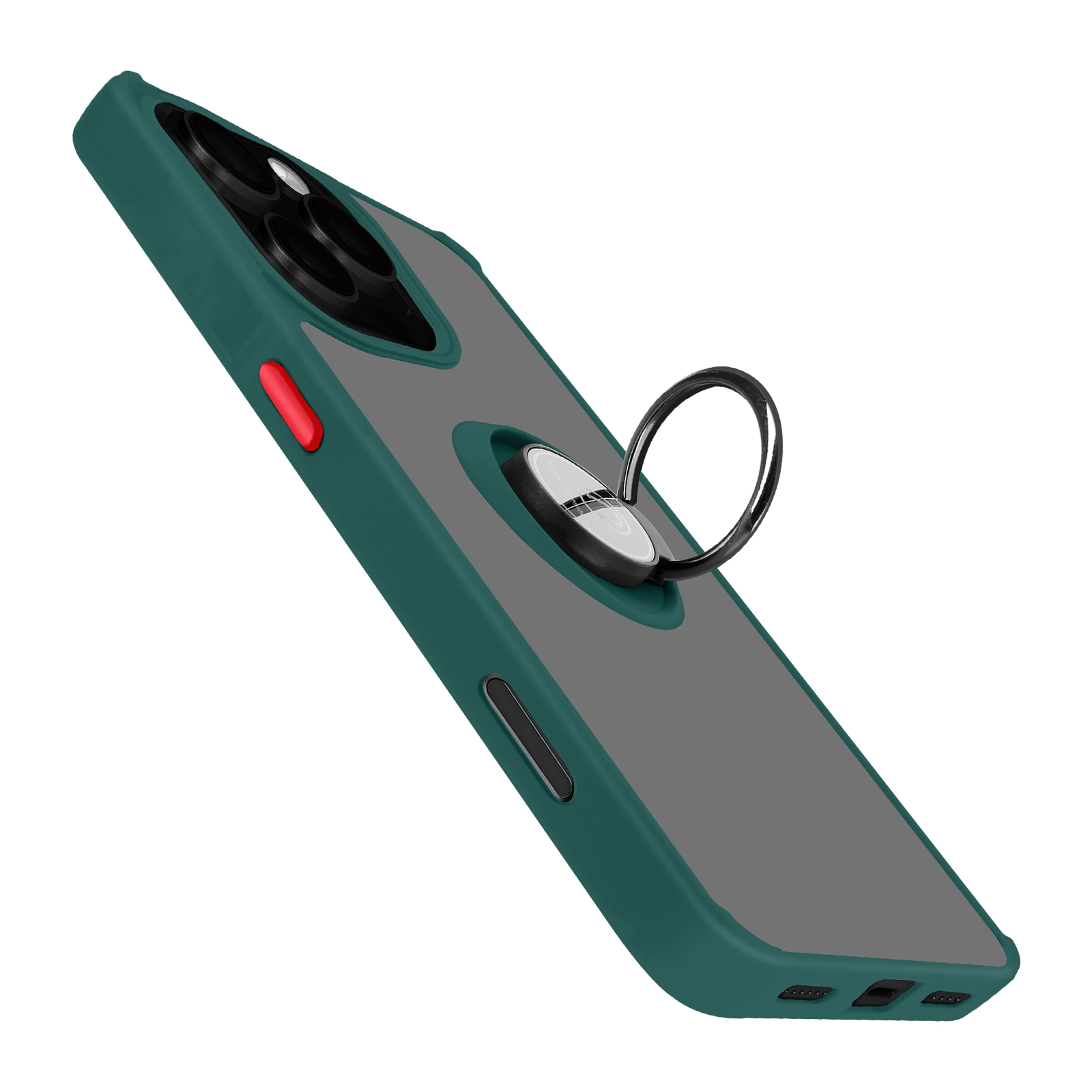 Un telefono in una custodia verde e grigia, con un portaanello e un pulsante rosso. È angolato.