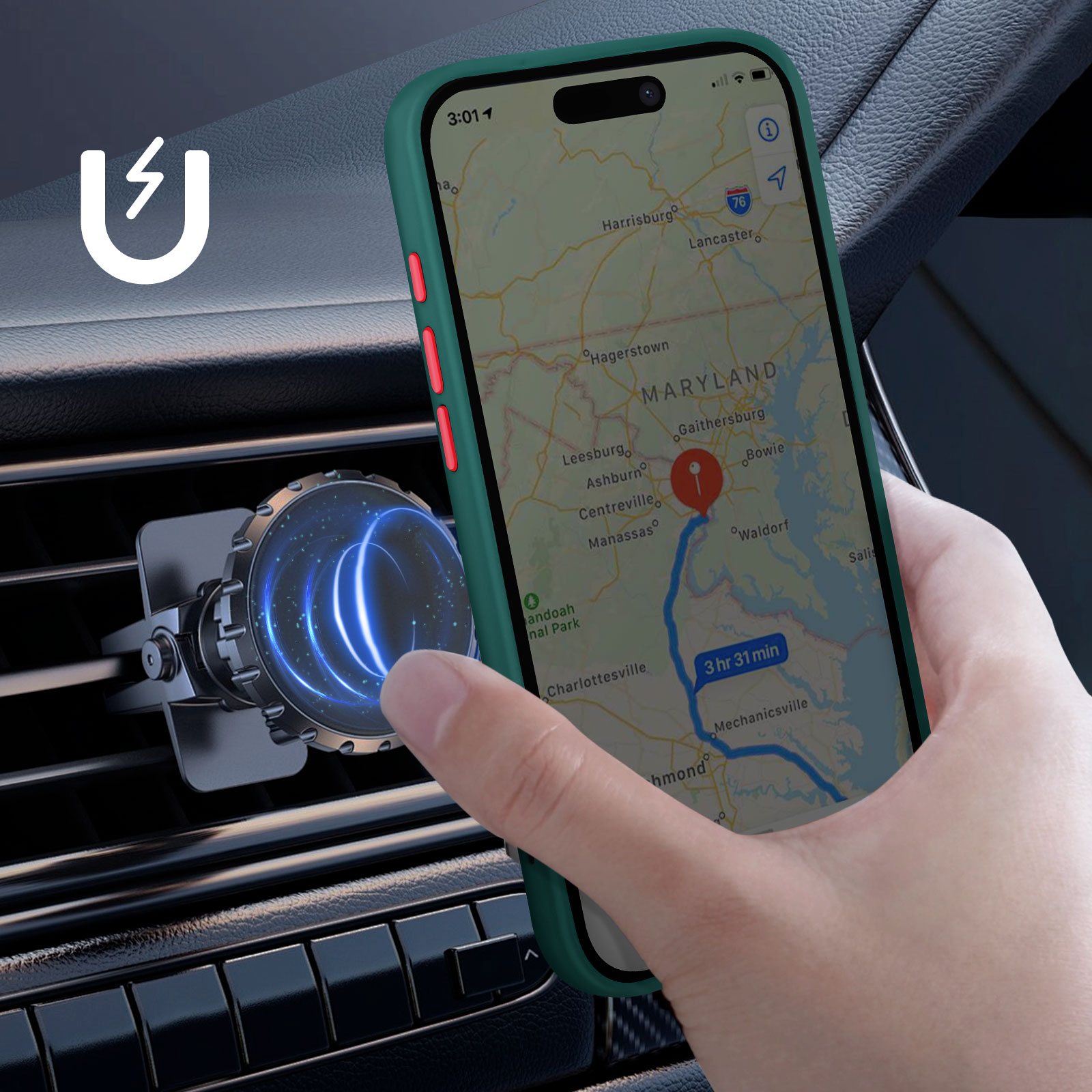 Un telefono con mappa visualizzata in auto. Un supporto magnetico per telefono è in primo piano.