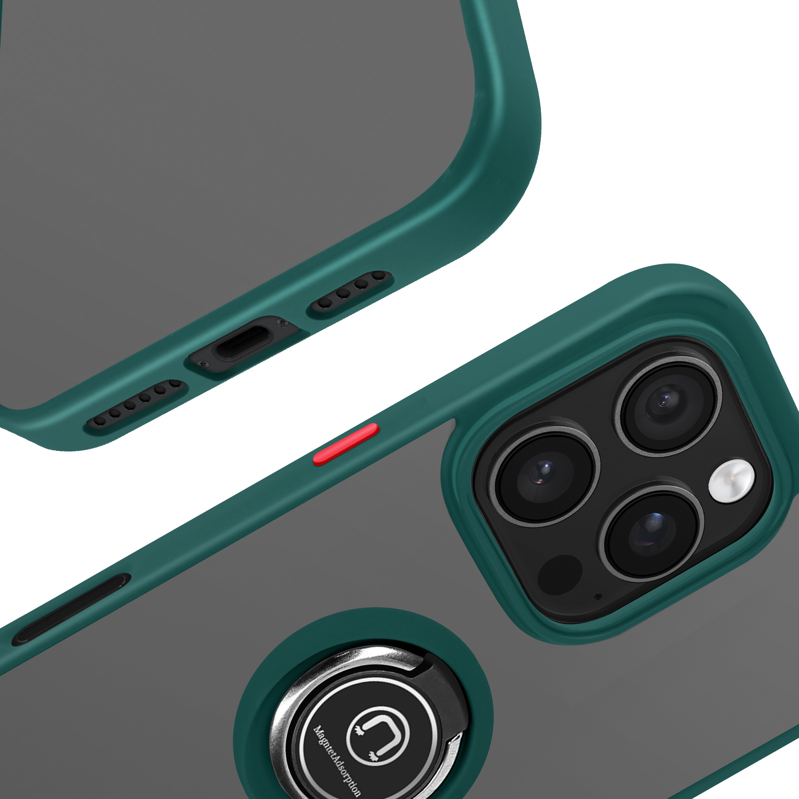 Custodia per telefono verde e grigio, obiettivo della fotocamera e pulsante rosso.