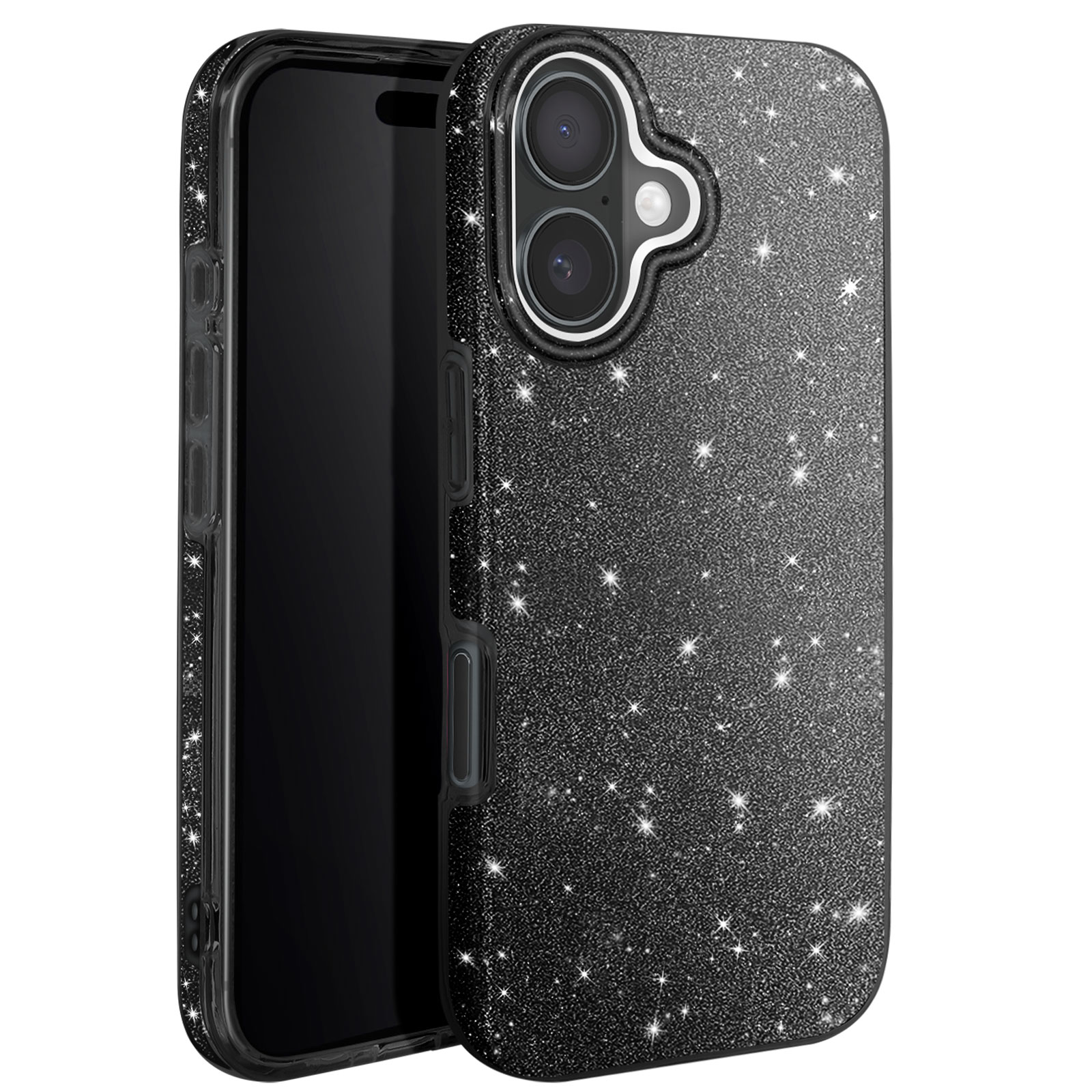 Custodia nera glitterata con schermo nero. Il telefono ha più fotocamere.