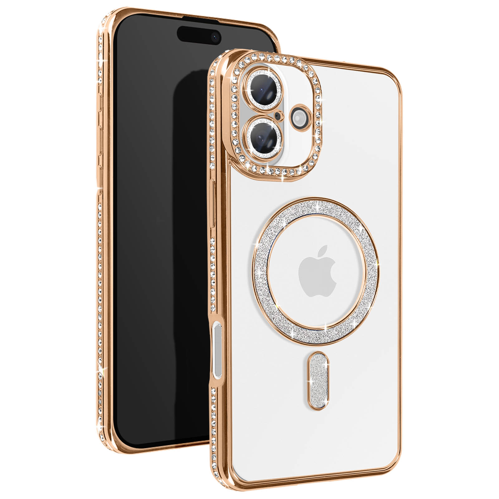 Gouden telefoonhoesje met diamanten, op een witte telefoon.
