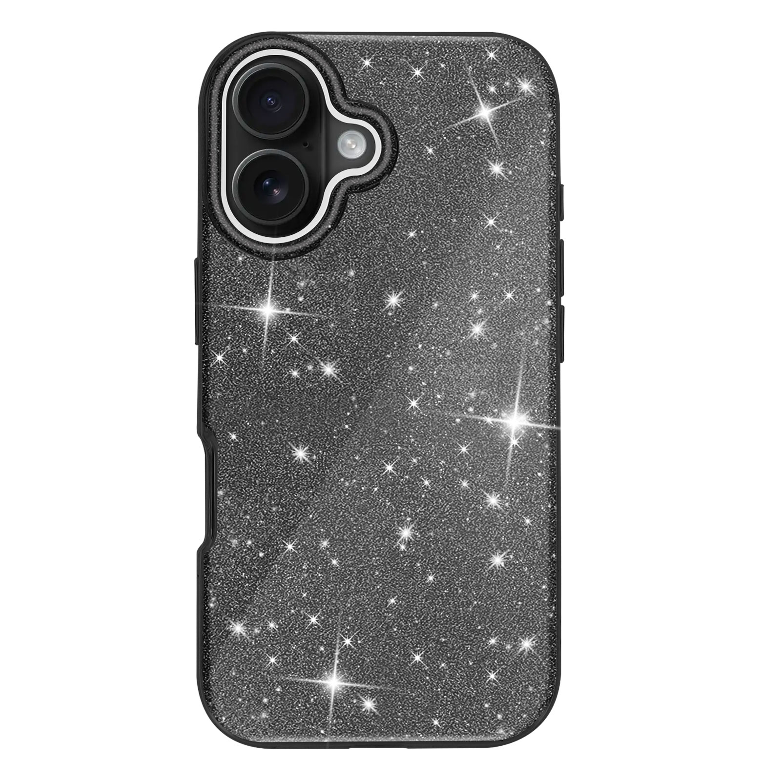 Custodia per telefono glitterata nera con fotocamera e stelle.
