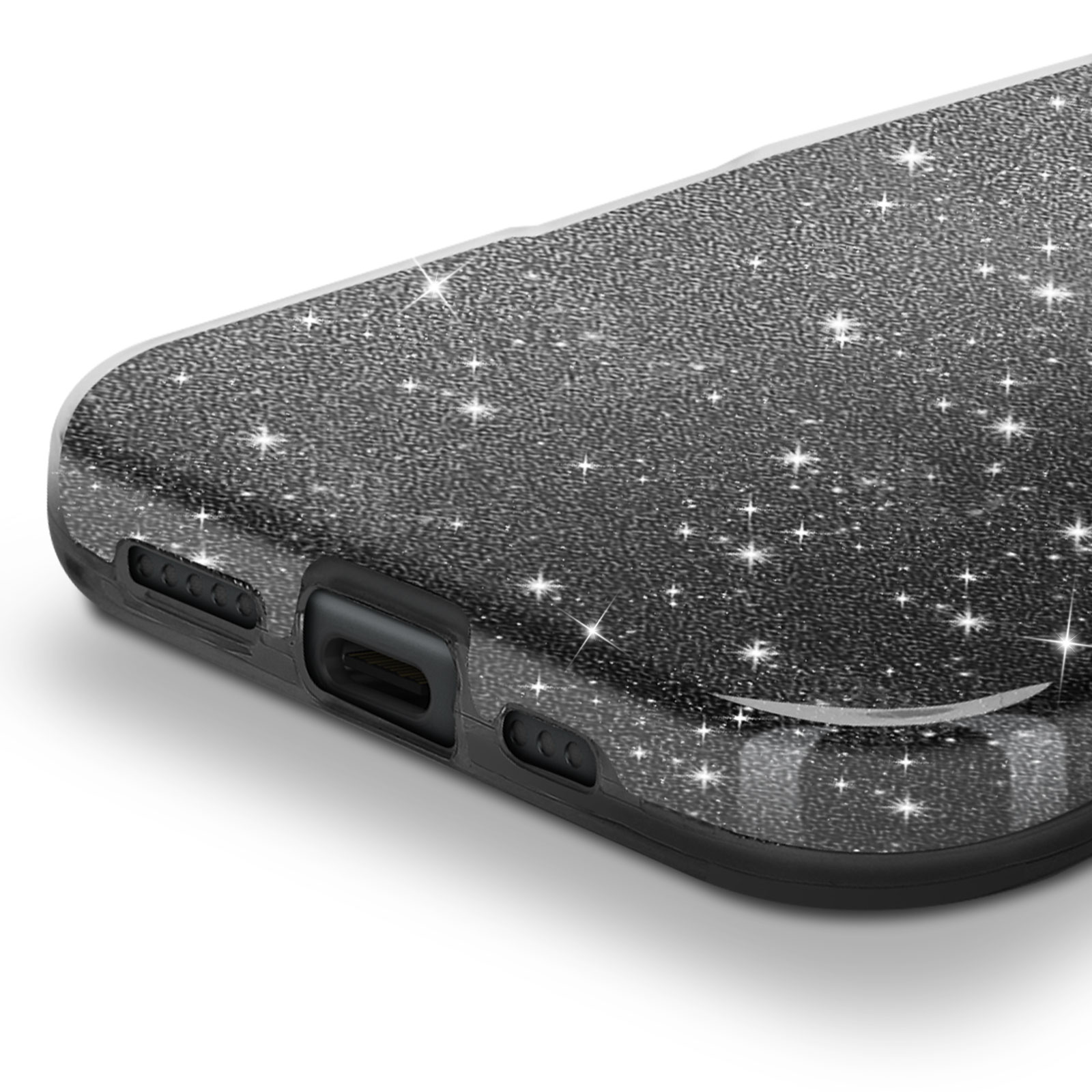 Primo piano di una custodia per telefono, che mostra l'angolo con un design scintillante e una finitura lucida.