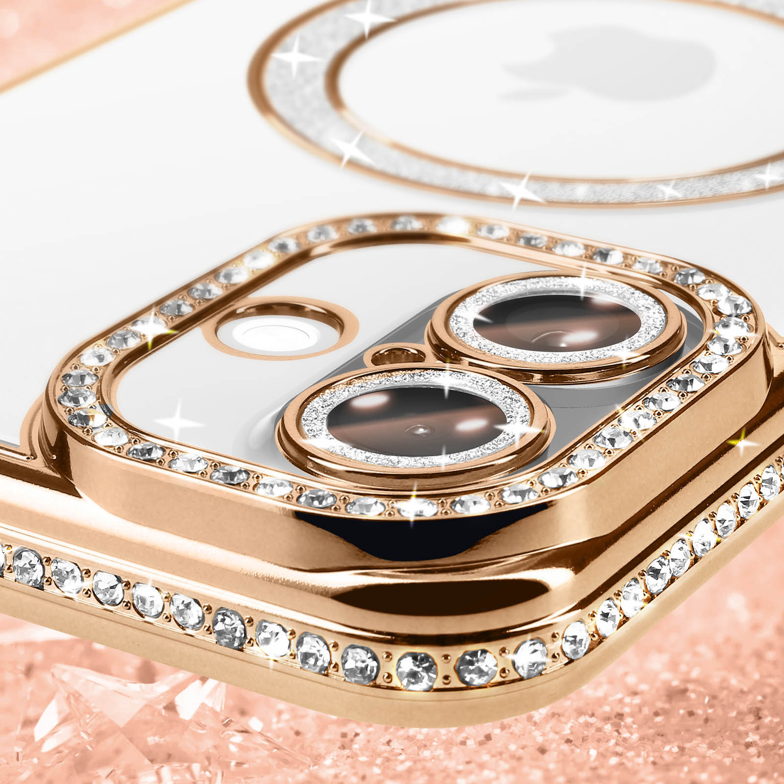Gouden telefoonhoes met diamanten, cameradetail.