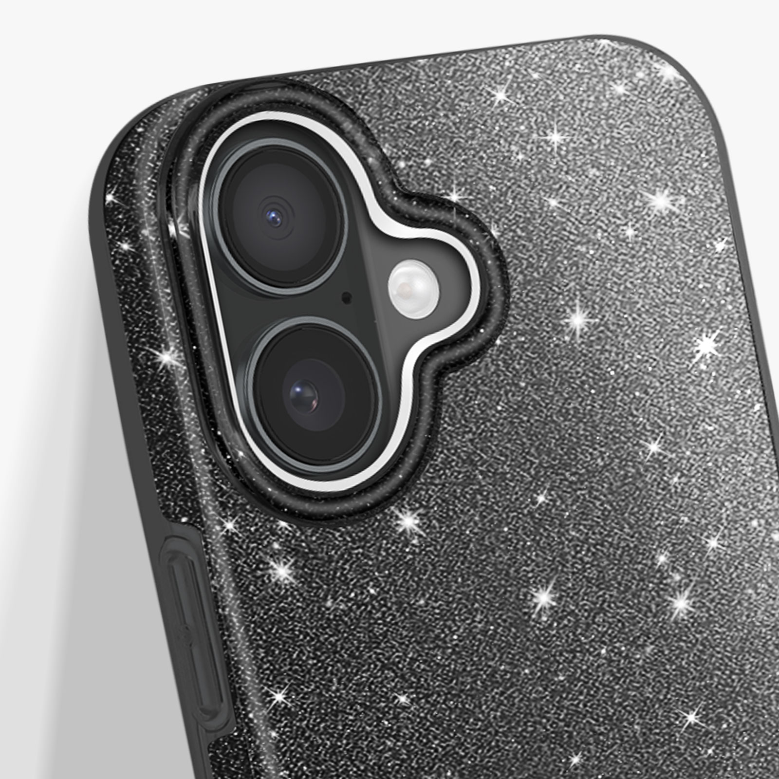 Custodia per telefono glitterata nera con fotocamera e stelle.