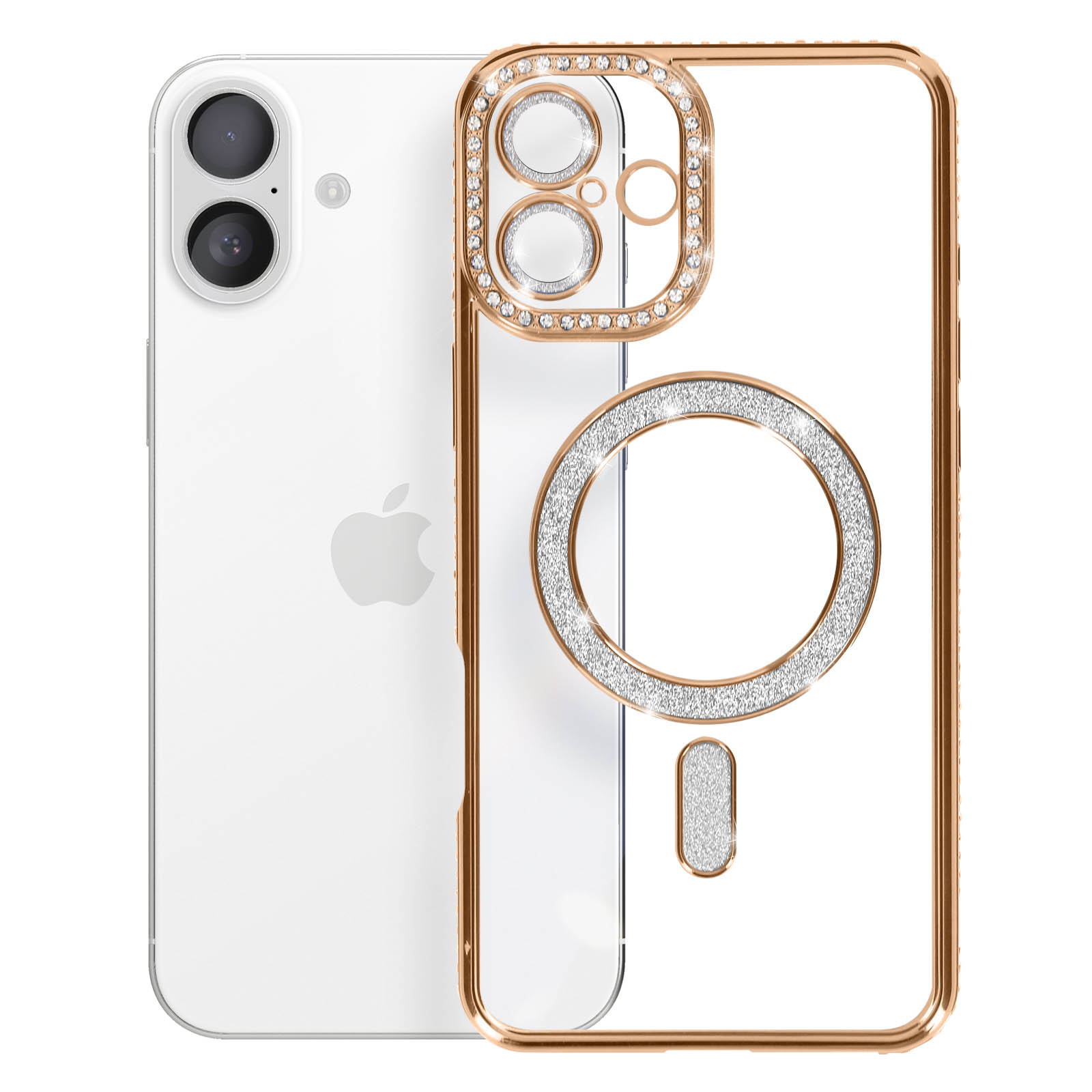 Witte telefoon met gouden hoes, diamantcirkel en Apple-logo.