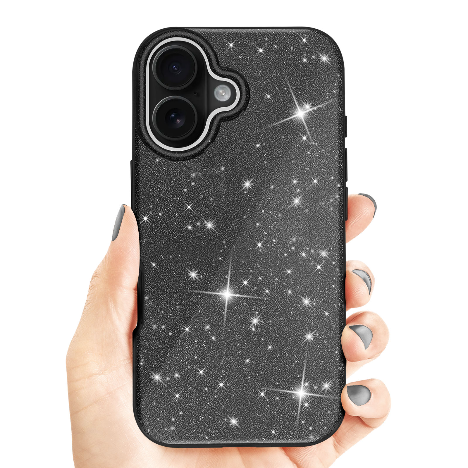 Una mano che tiene un telefono con una custodia scintillante. La custodia ha uno sfondo scuro con glitter.