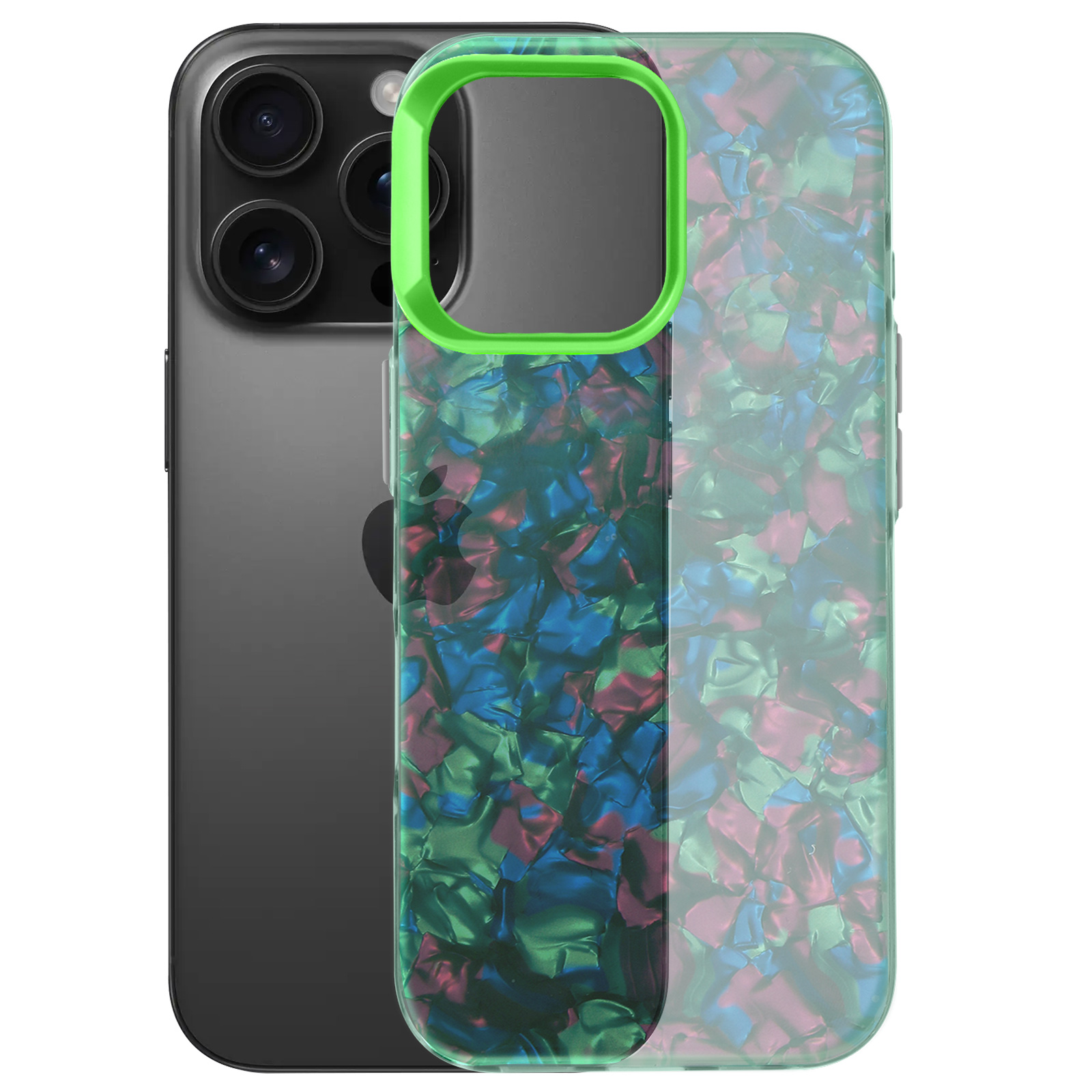 Telefono con custodia. La custodia ha un motivo astratto colorato con un anello verde per la fotocamera.
