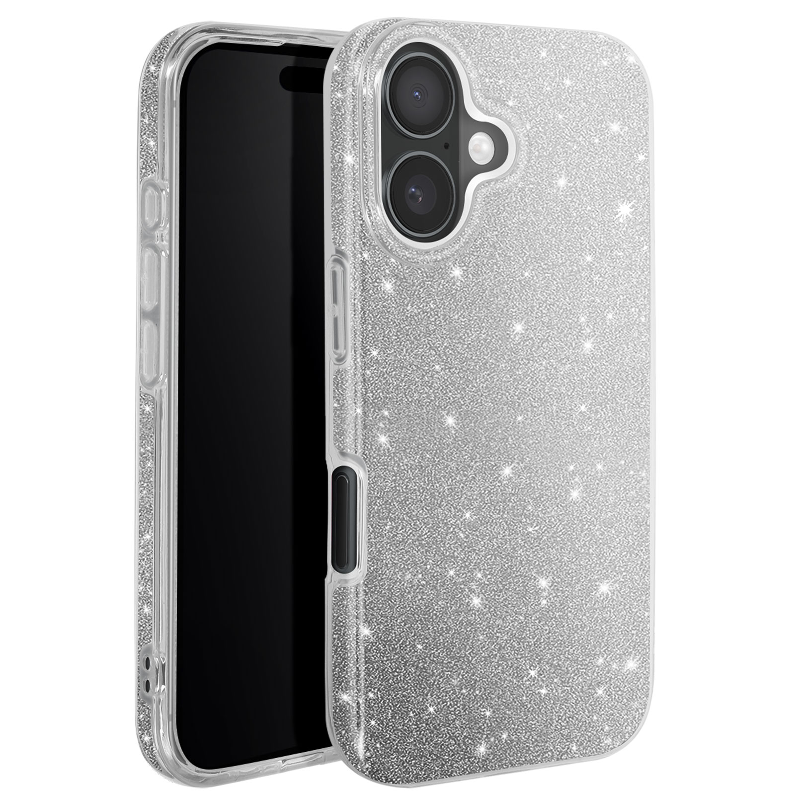 Una custodia per telefono con glitter argento con un telefono all'interno. Ha due lenti.