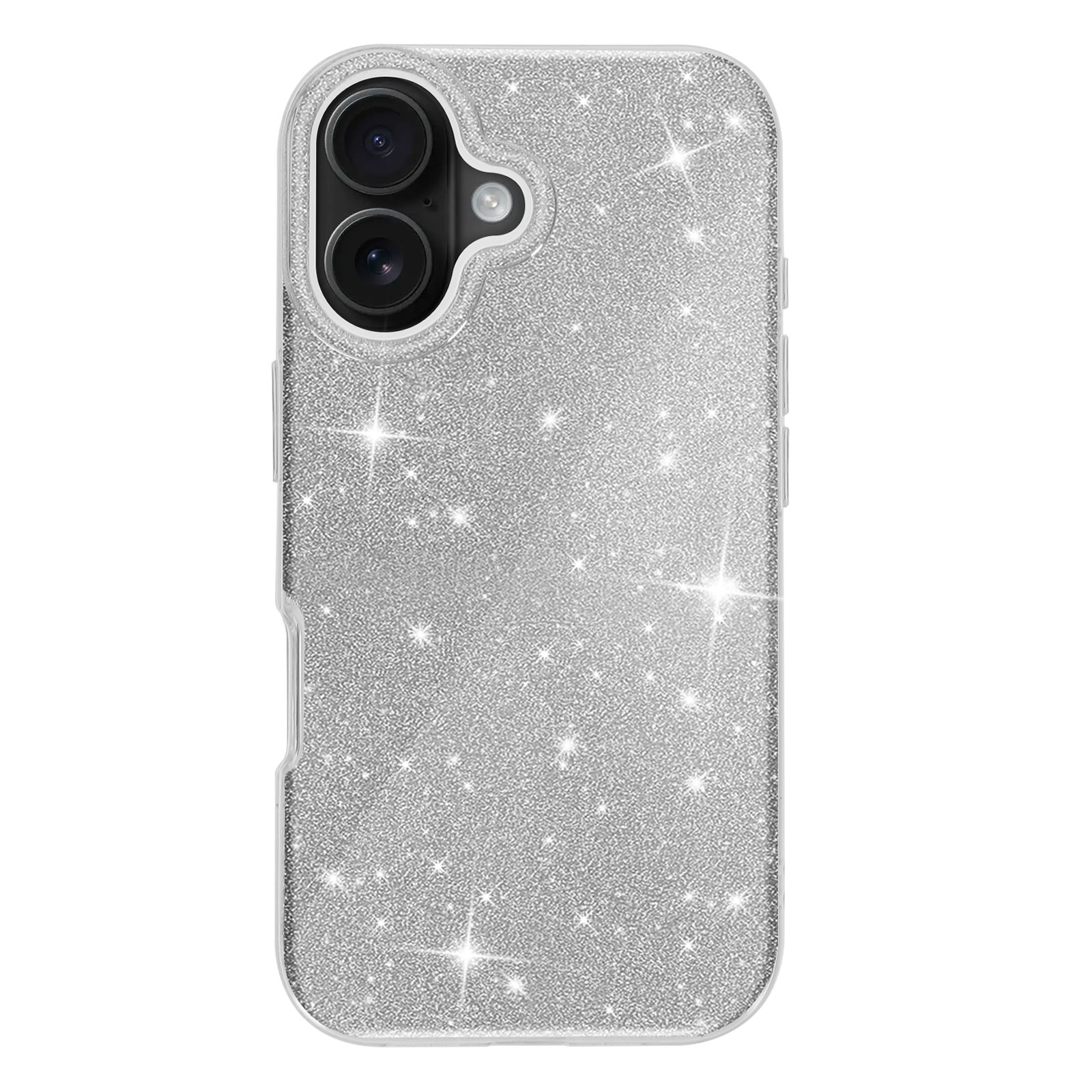 Una custodia per telefono con glitter argento, due lenti e una superficie scintillante.