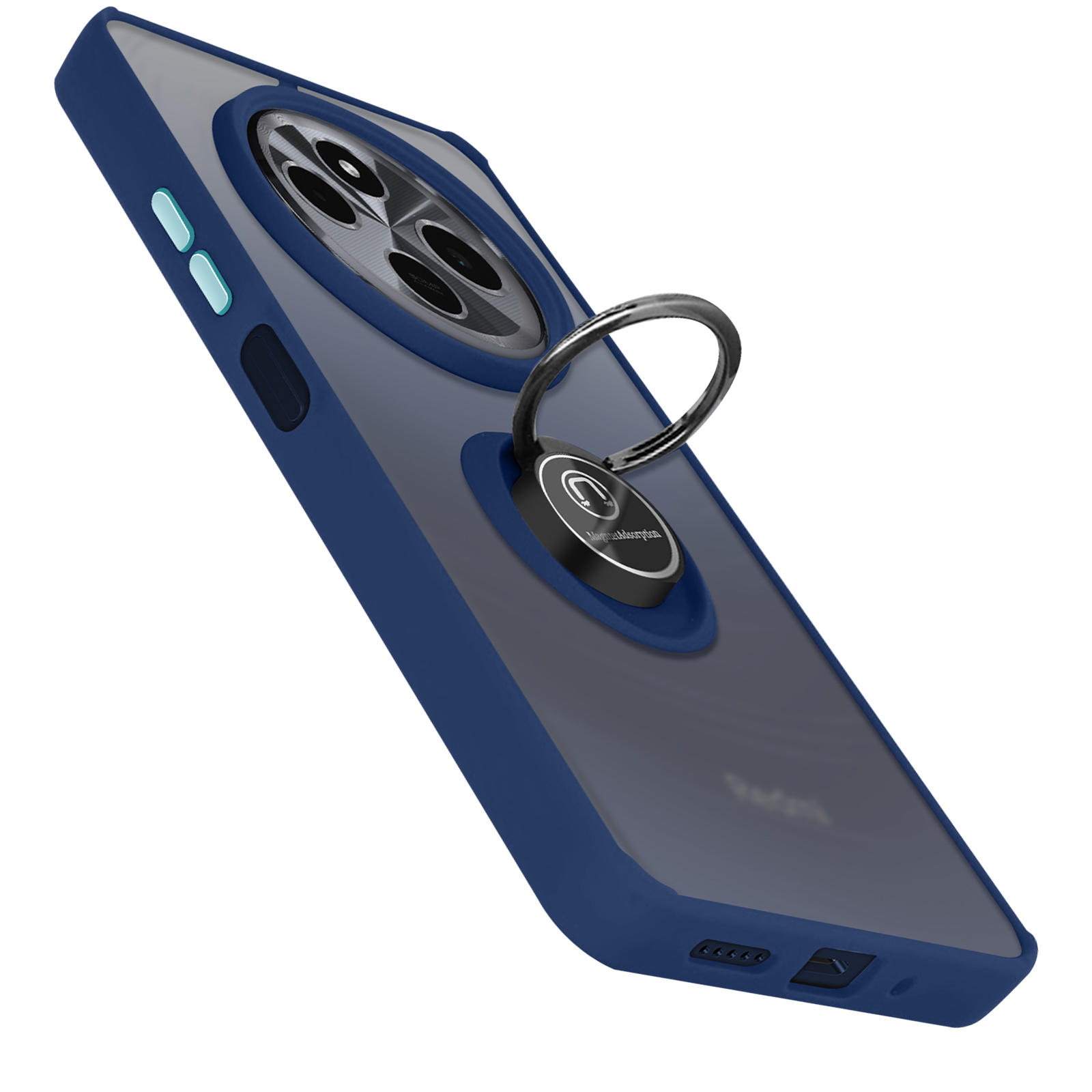Una custodia blu scuro con un porta anello. Un telefono è montato sulla custodia.