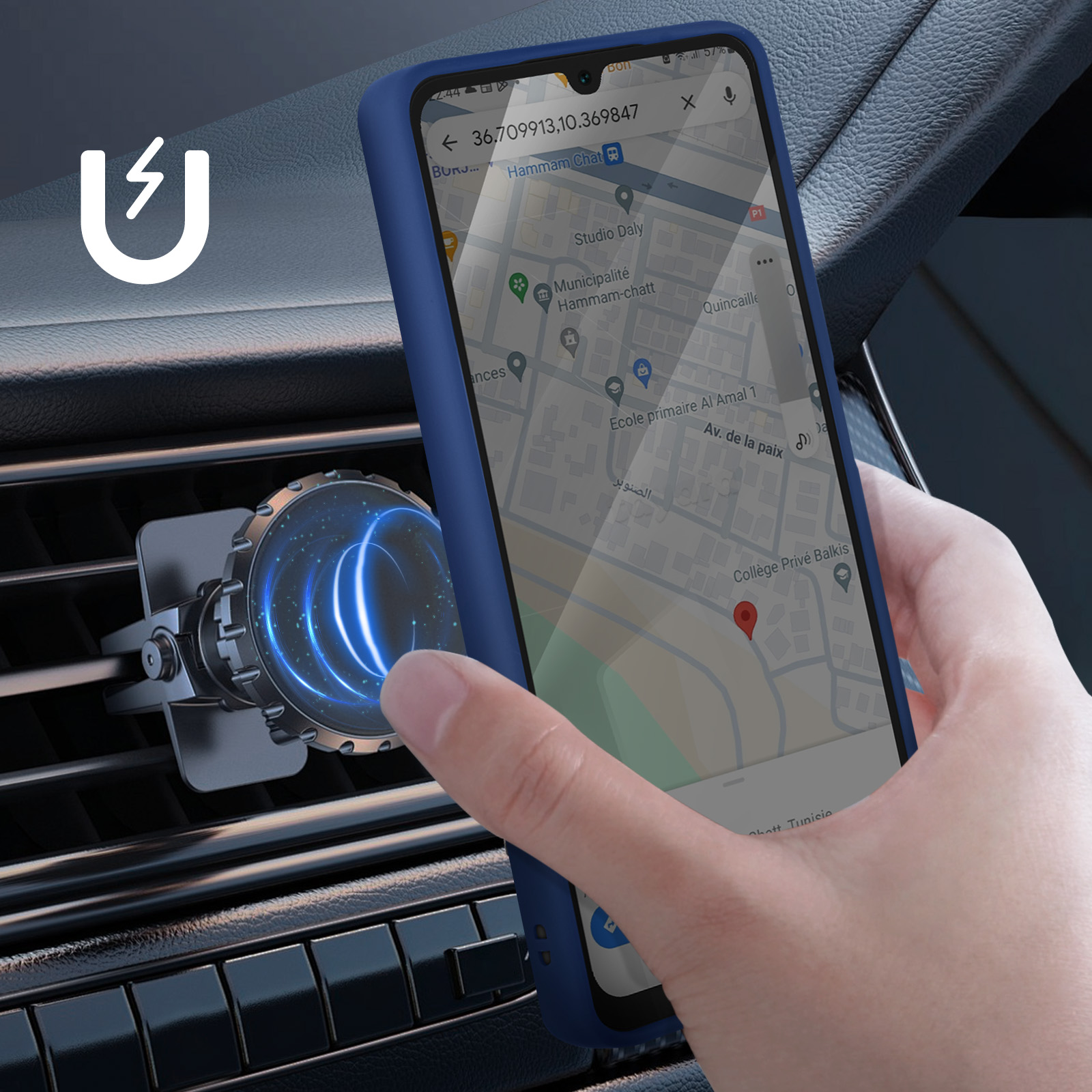 Un telefono montato su un supporto per bocchetta dell'auto. Una mappa è visualizzata sullo schermo del telefono.