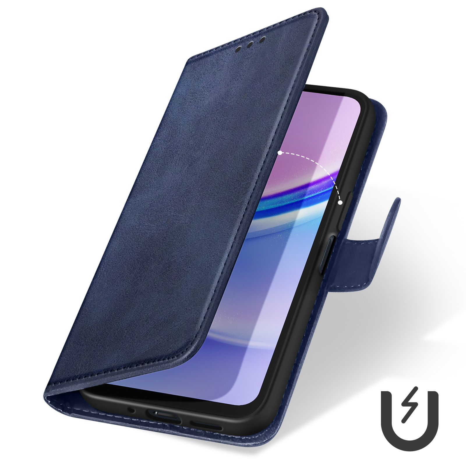 Custodia blu aperta, che mostra il telefono. La custodia ha una chiusura magnetica. Sfondo bianco.