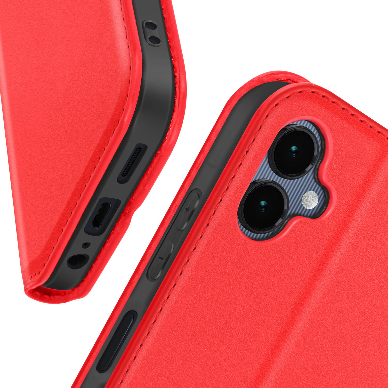 Primo piano di una custodia per telefono rossa. La fotocamera e i pulsanti sono visibili. La custodia è chiusa.