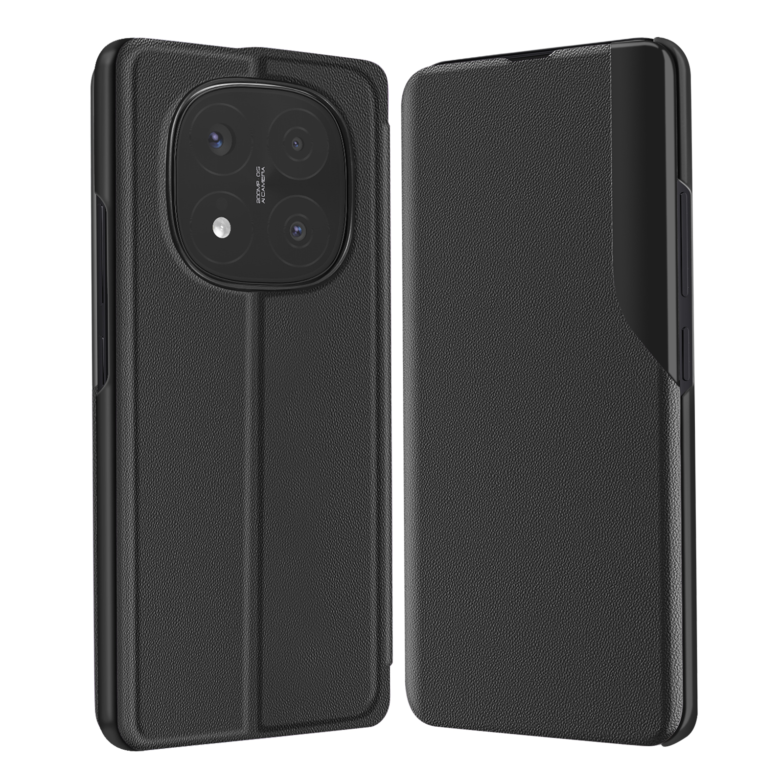 Custodia nera con più lenti della fotocamera. La custodia è aperta, mostrando il telefono.