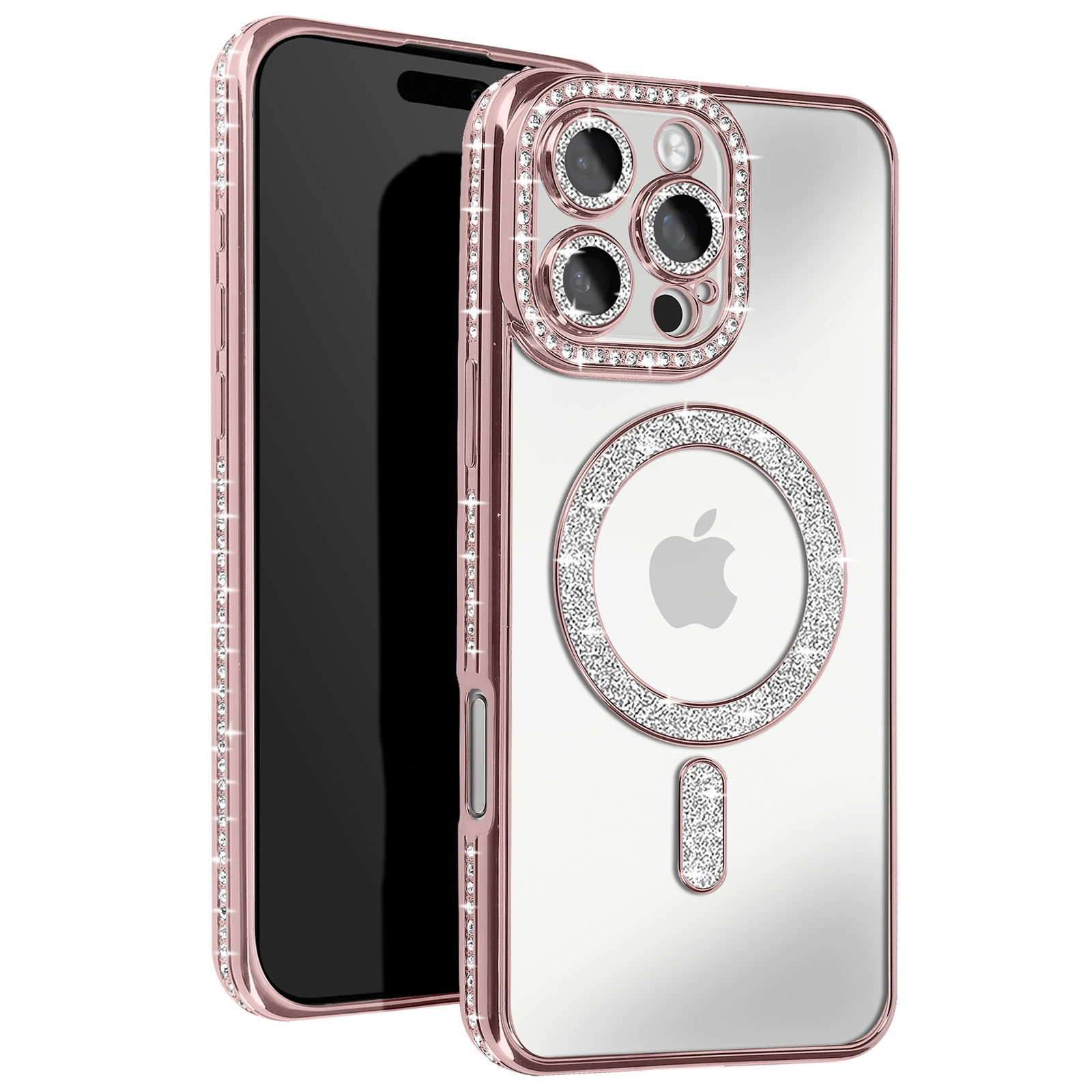 Primo piano di una custodia trasparente, oro rosa con strass attorno alla fotocamera e ai bordi.