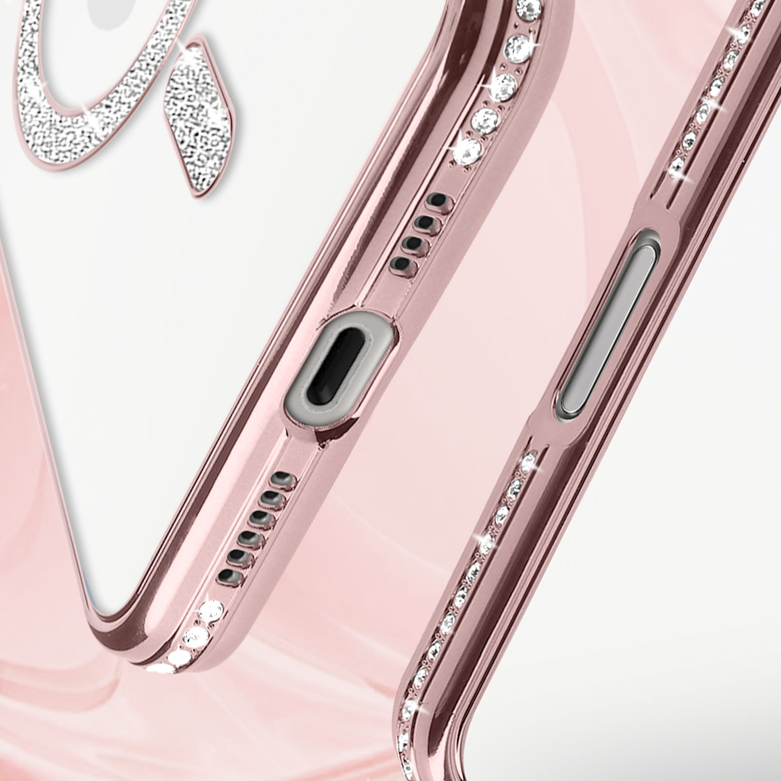 Primo piano di una custodia per telefono oro rosa. La custodia ha una superficie lucida e strutturata.