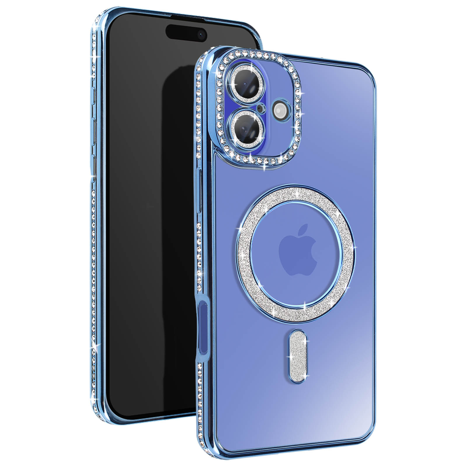 Blauwe telefoonhoes met strass rond de camera en behuizing, en een Apple-logo.