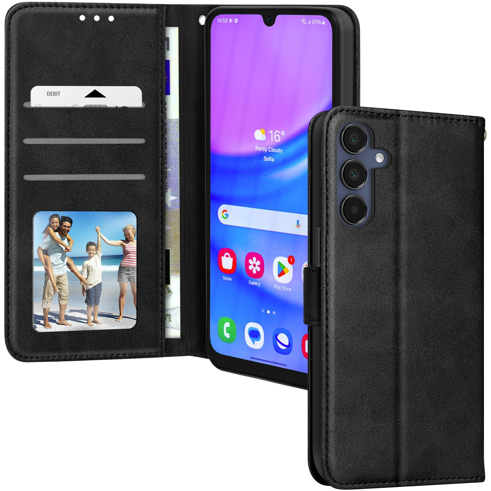 Custodia per telefono nera, con foto e slot per schede, con un telefono che mostra uno schermo.