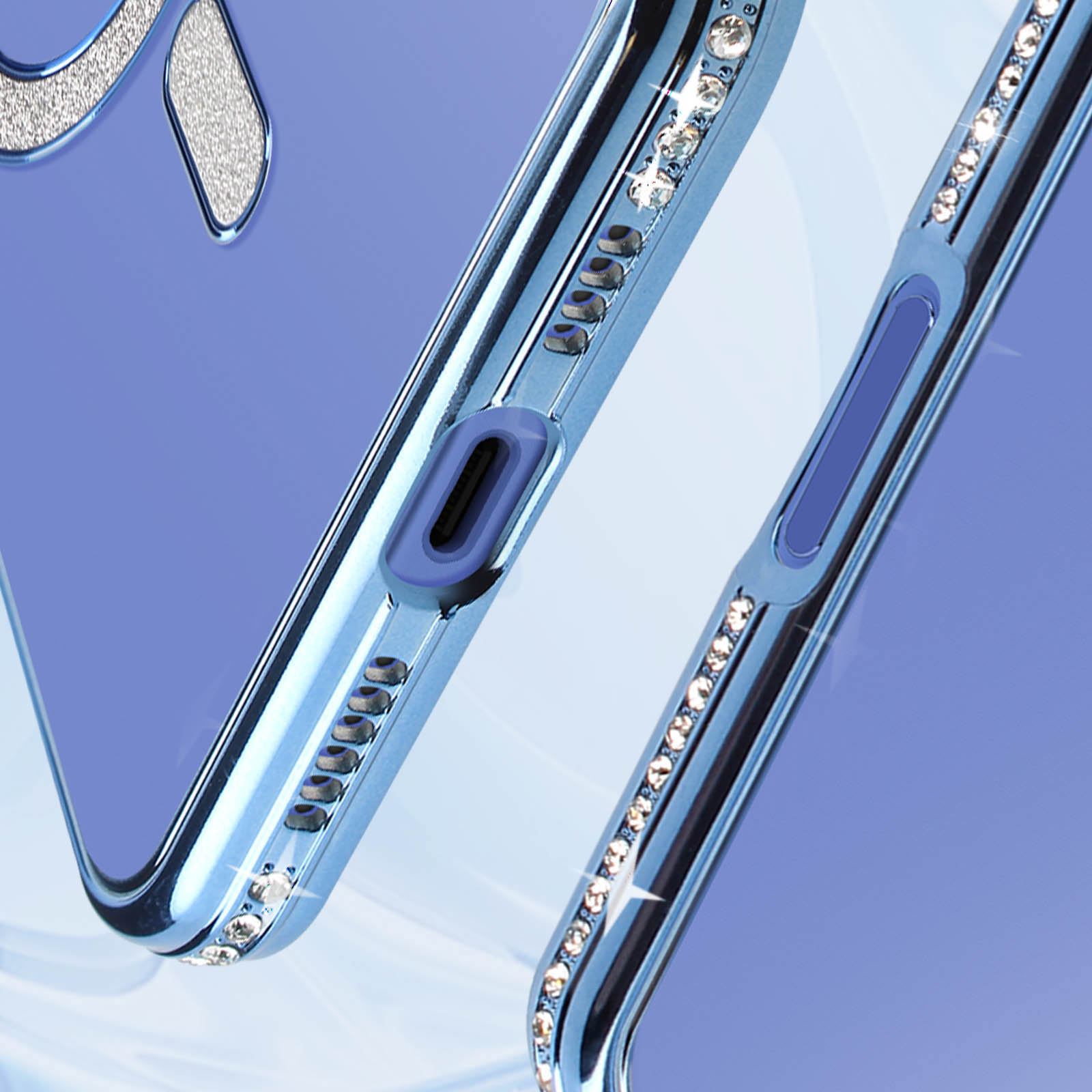 Close-up van een blauw telefoonhoesje met strass.