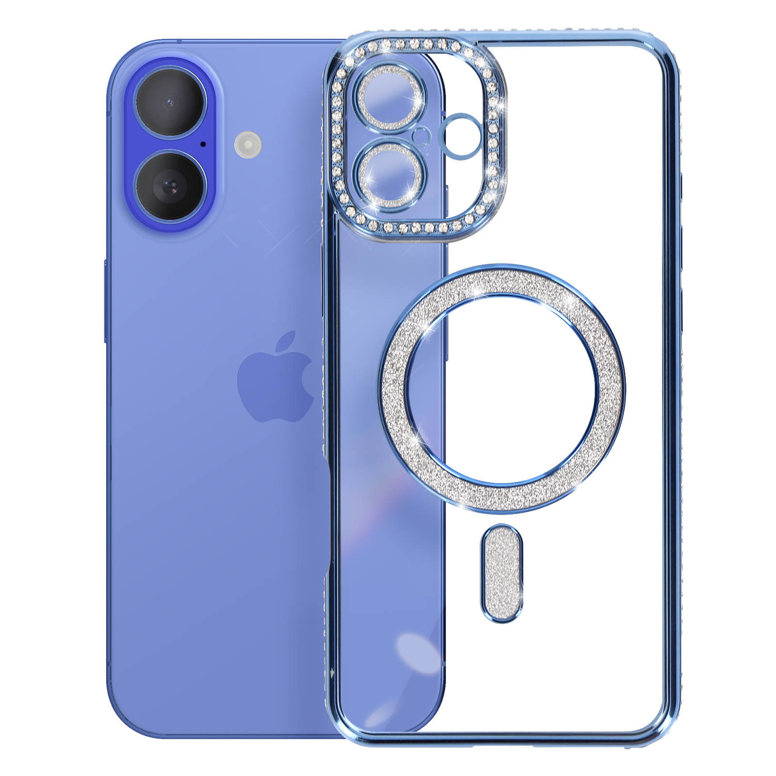 Blauwe telefoonhoes met strass, met cameragebied en het Apple-logo.