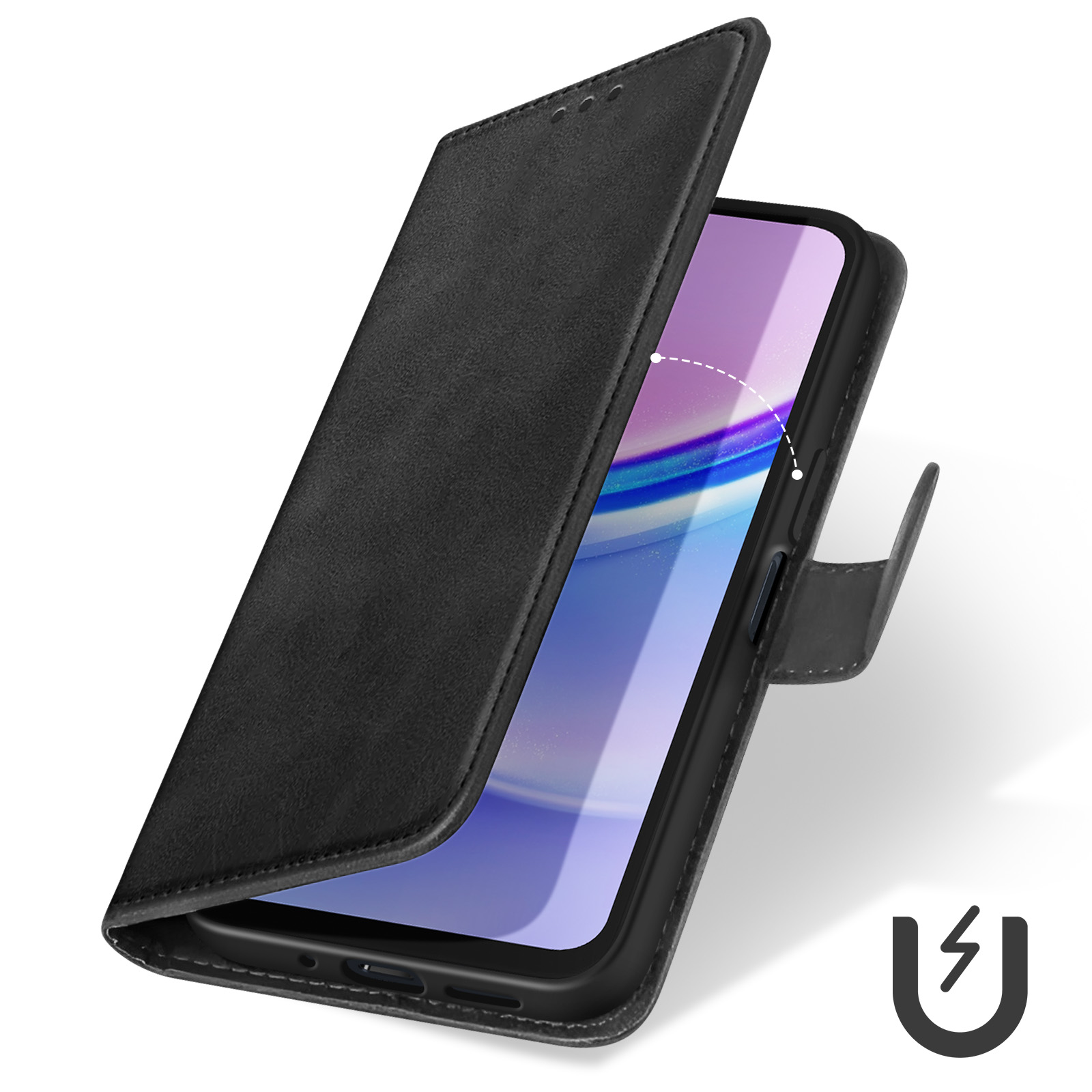 Custodia per telefono nera con simbolo magnetico e telefono all'interno.