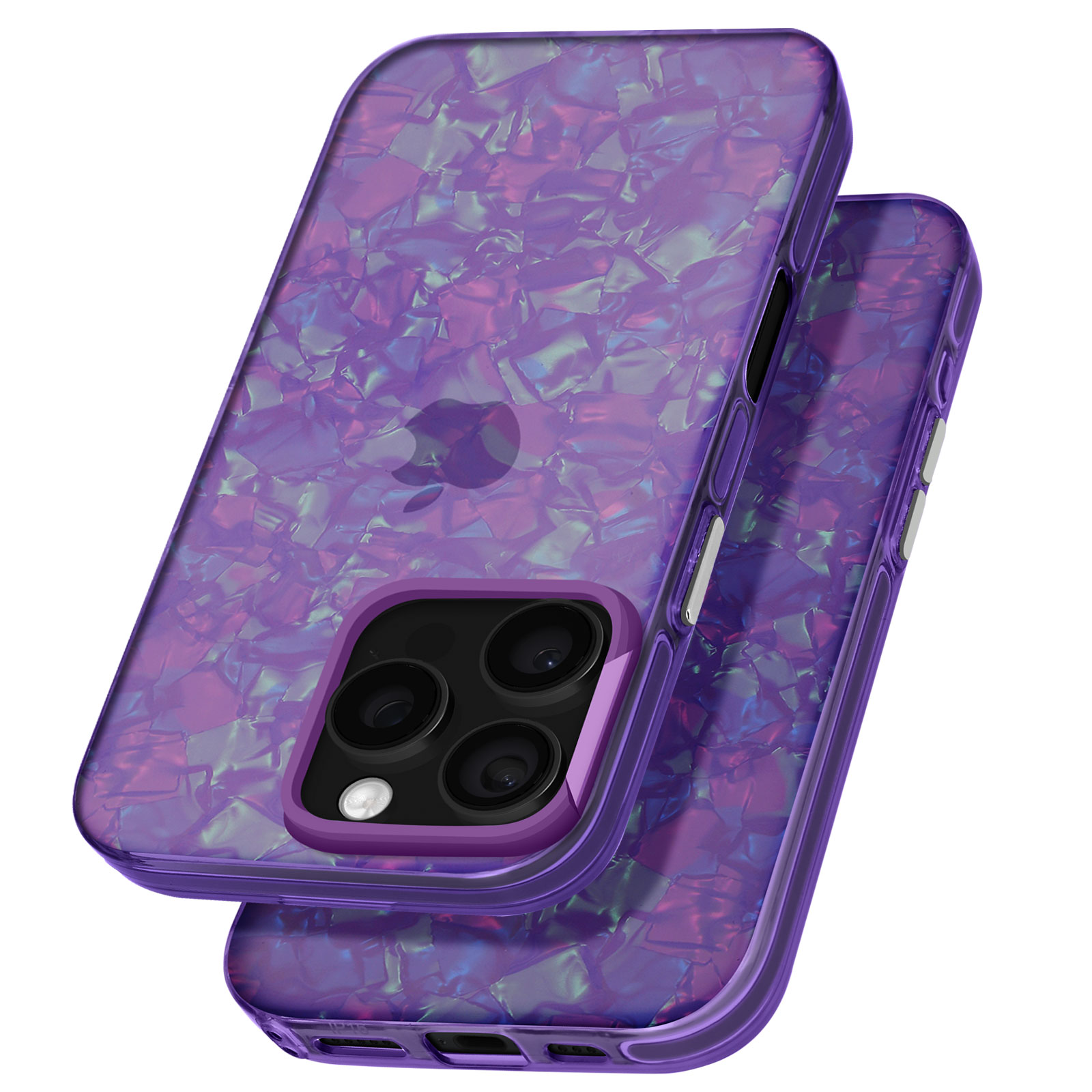 Custodie per telefono viola sovrapposte. Le custodie hanno un motivo iridescente.
