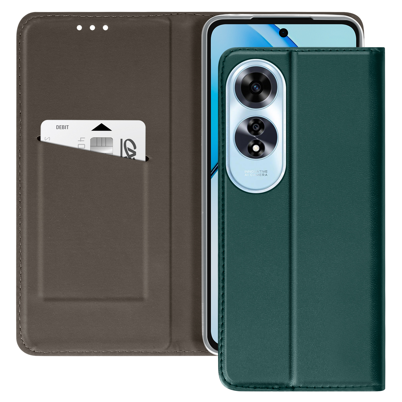 Una custodia verde con fessura per carte, aperta per rivelare un telefono con fotocamera.