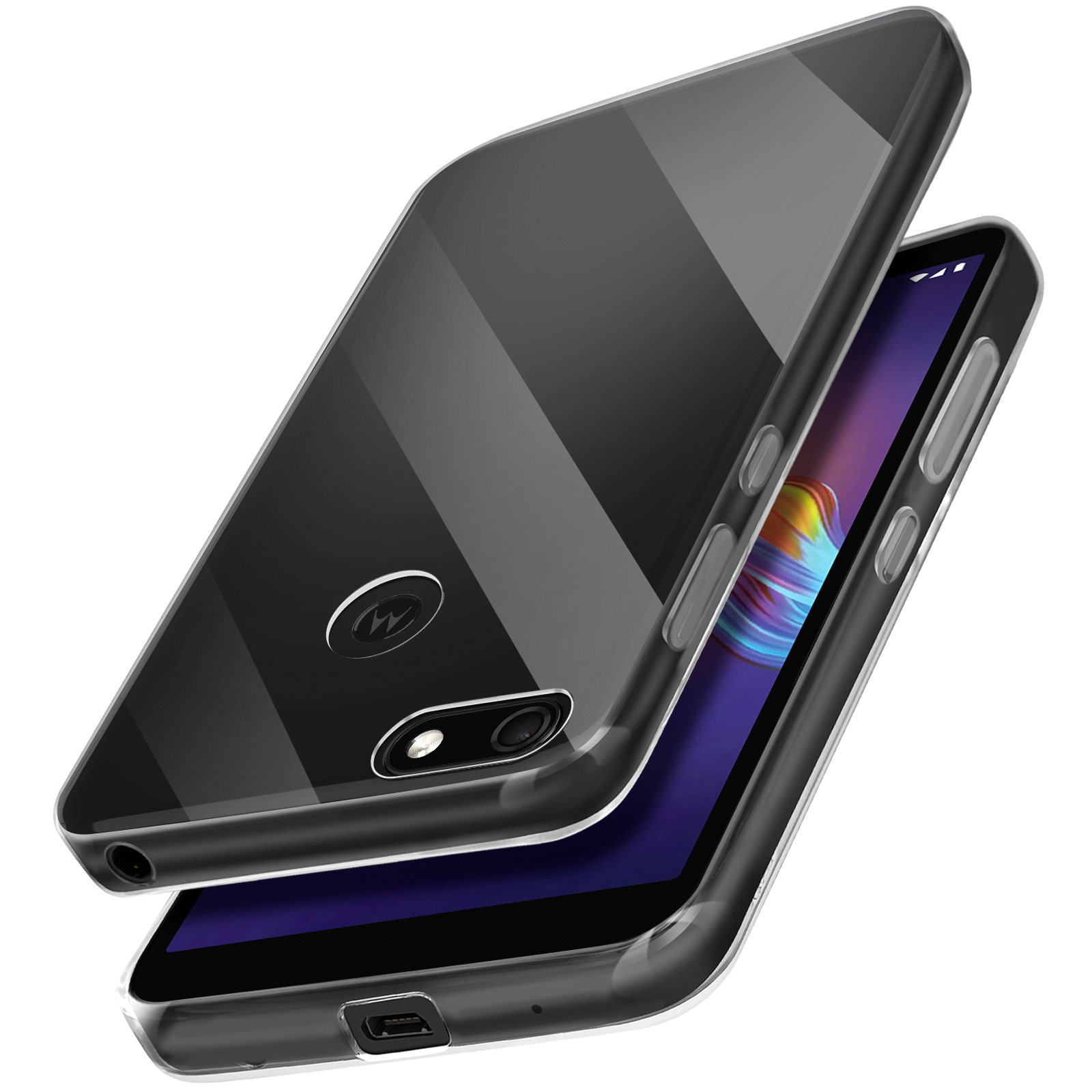 Due telefoni in una custodia trasparente. Uno è rivolto verso l'alto, l'altro è parzialmente coperto.