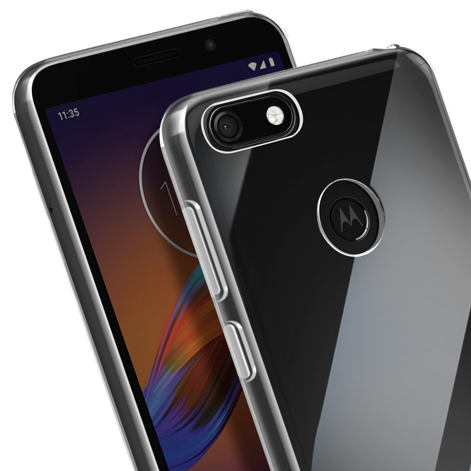 Un telefono in una custodia trasparente e un altro telefono, che mostra lo schermo e il design delle custodie con una fotocamera.