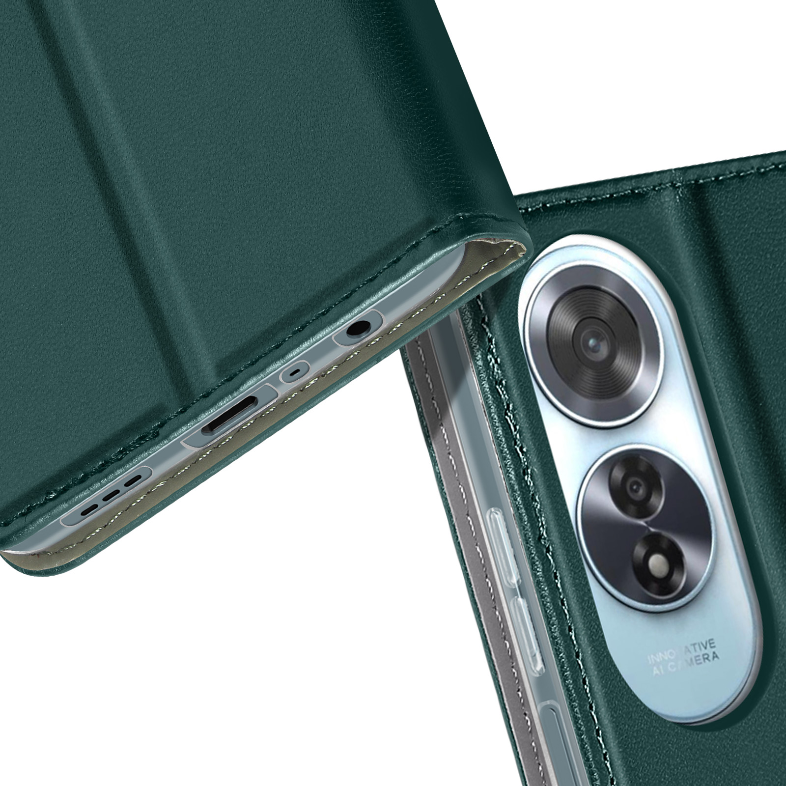 Primo piano di una custodia verde per telefono e del modulo fotocamera di un telefono. La custodia è piegata, rivelando la fotocamera.