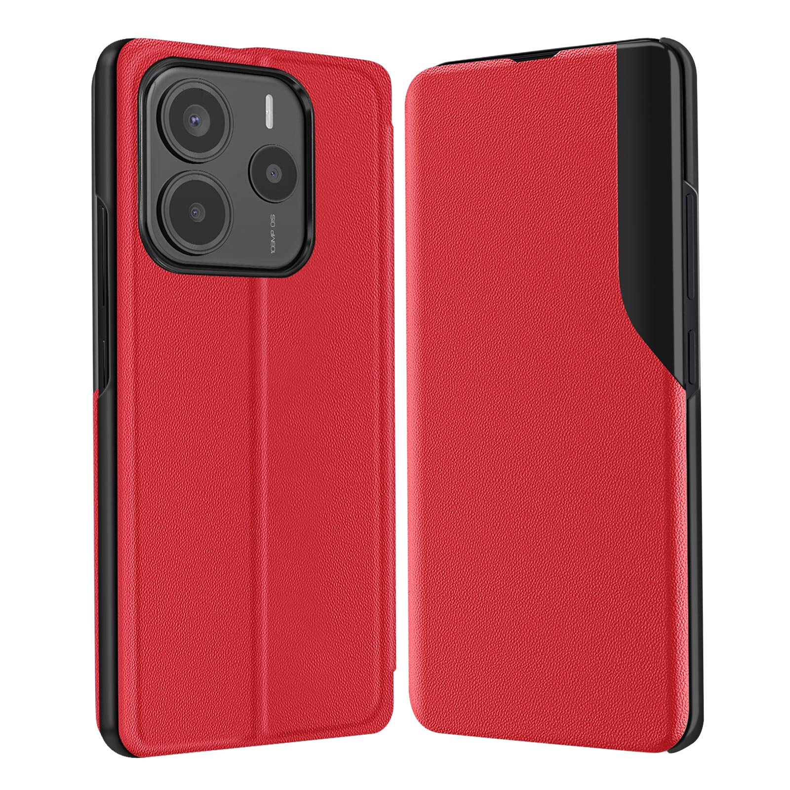 Custodia in pelle rossa, fotocamera visibile. La custodia è aperta.