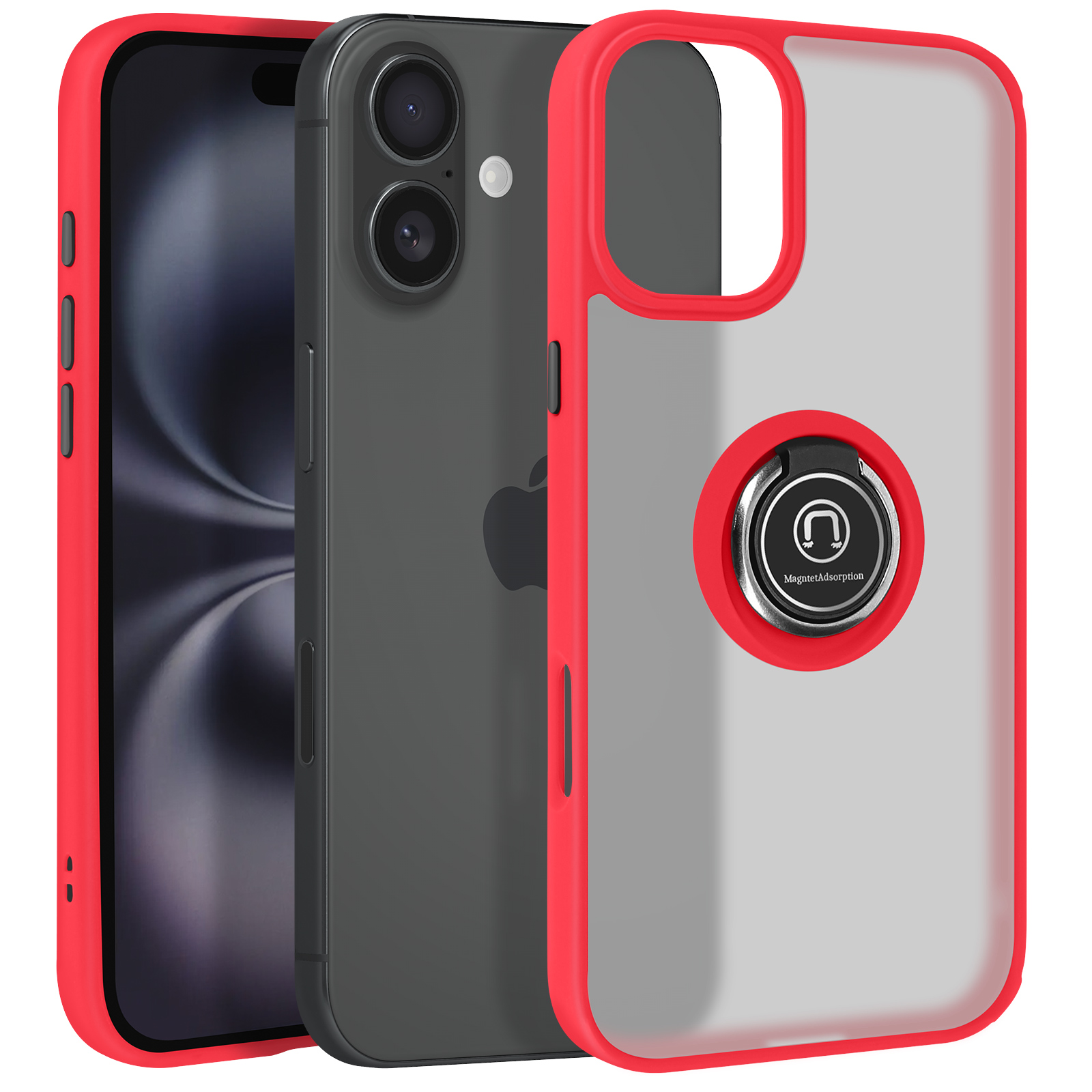 Un telefono con una custodia rossa e una custodia trasparente con un supporto ad anello. Il supporto ad anello ha un magnete.