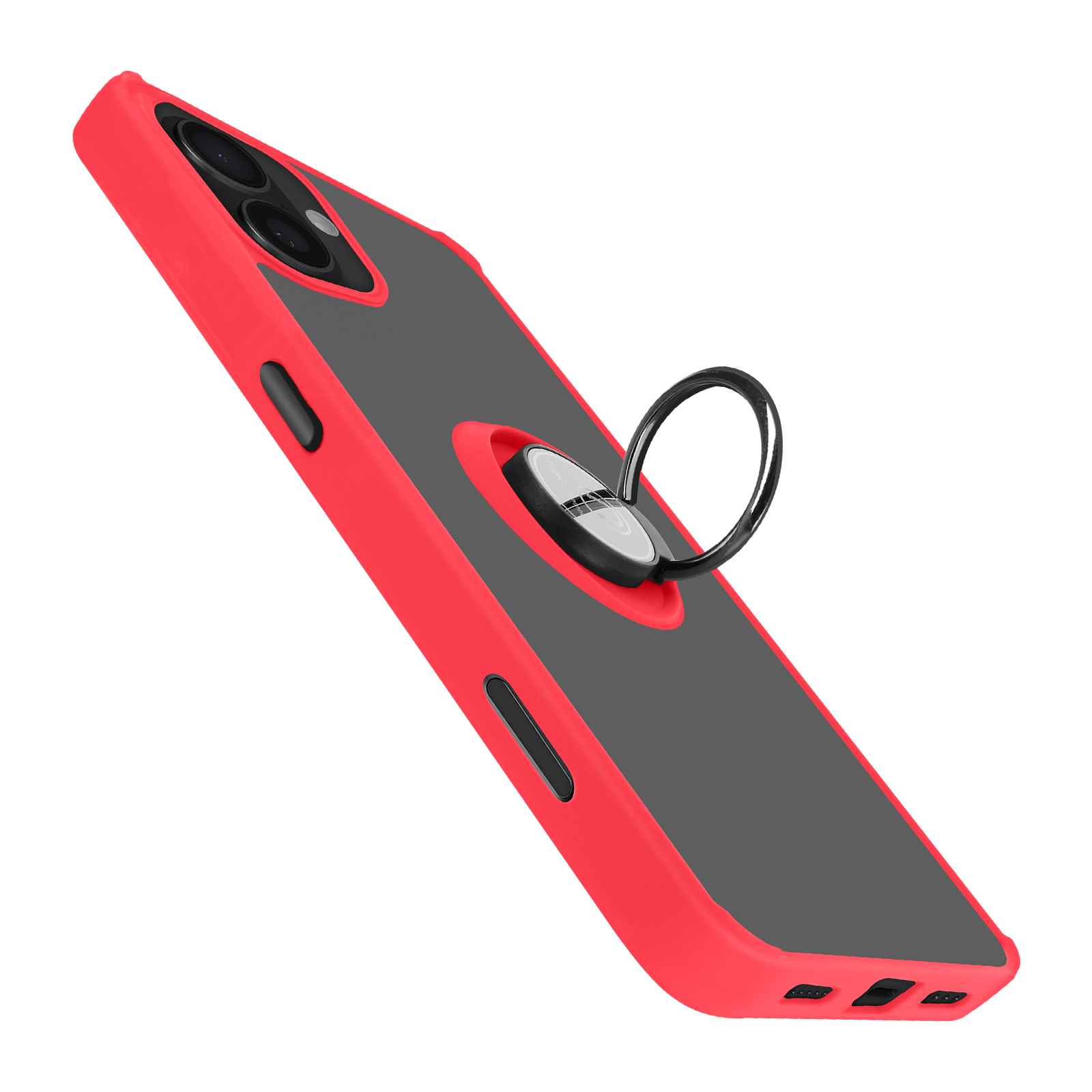 Custodia per telefono rossa e grigia con supporto ad anello. La custodia copre la parte posteriore del telefono.