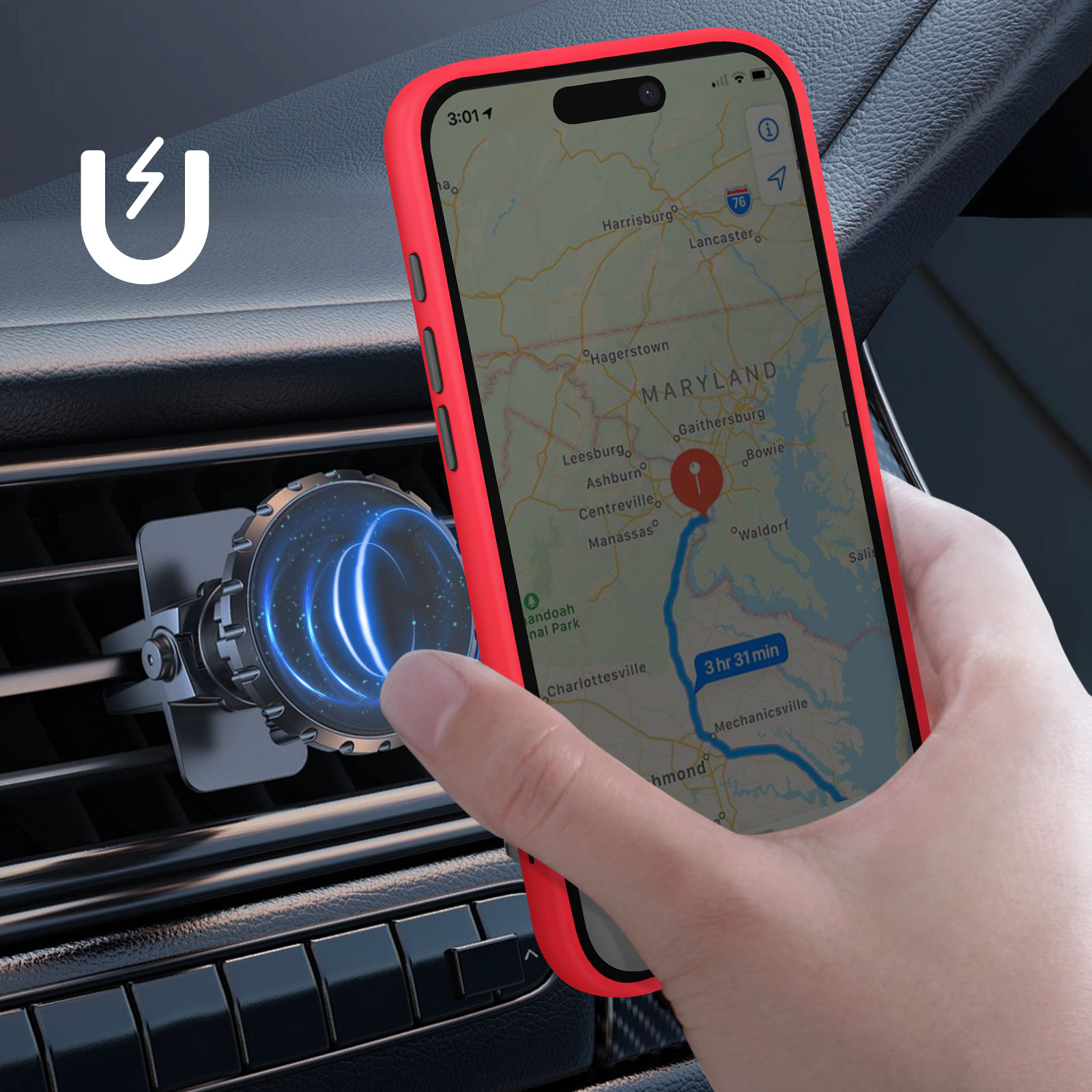 Telefono con custodia rossa montato su bocchetta auto. Mostra una mappa.