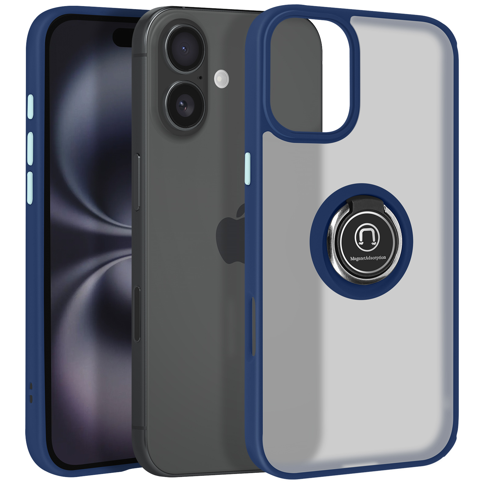 Una custodia blu per telefono con un supporto ad anello e un telefono. Il telefono è all'interno della custodia, con un logo Apple.