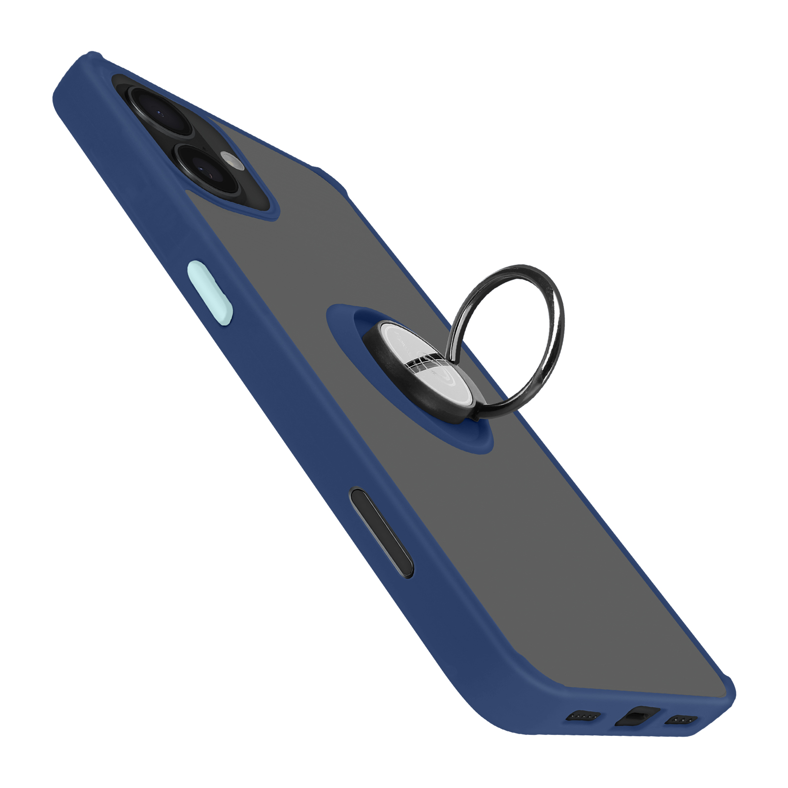 Una custodia blu per telefono con un supporto ad anello. Il telefono è grigio e il supporto è argentato.