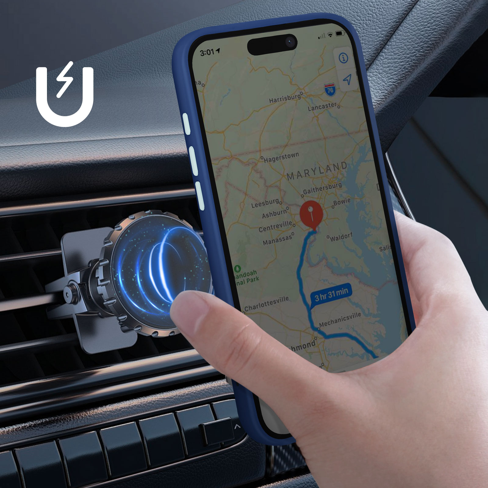 Telefono con custodia blu montato su bocchetta auto, mostra una mappa.