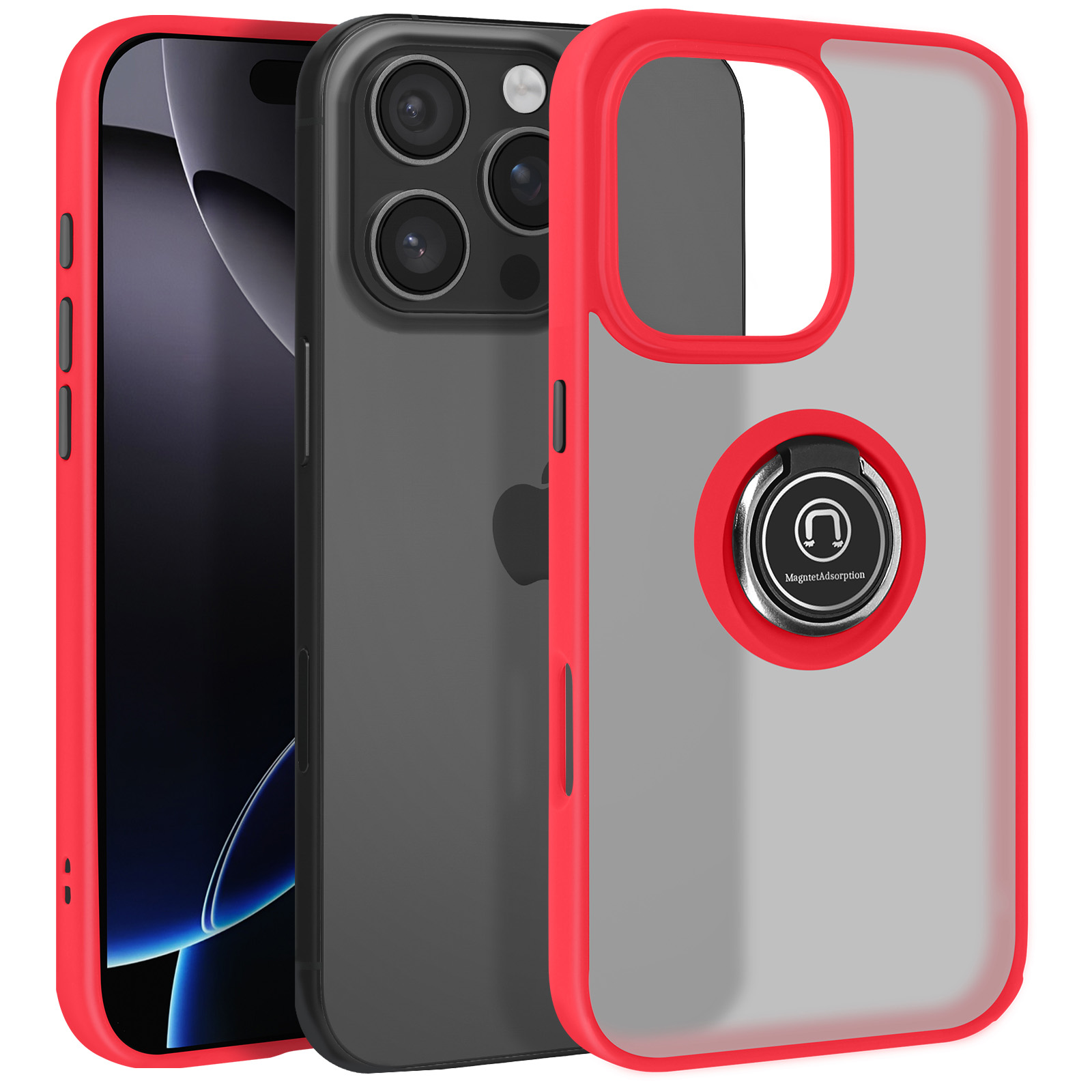 Un telefono con una custodia rossa e una custodia trasparente con un supporto ad anello. Il supporto ha un magnete.