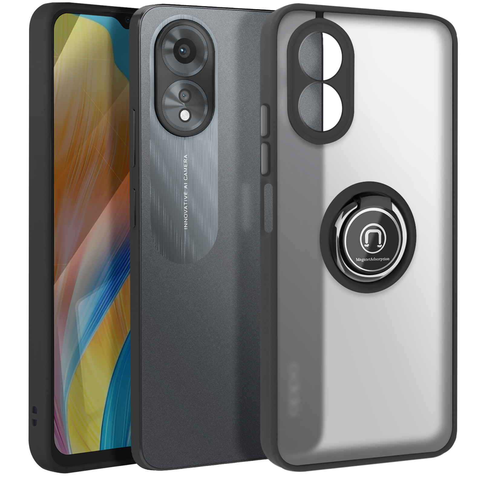 Telefono con custodia, retro trasparente con anello di supporto. Telefono nero, dettagli grigi. Sfondo bianco.