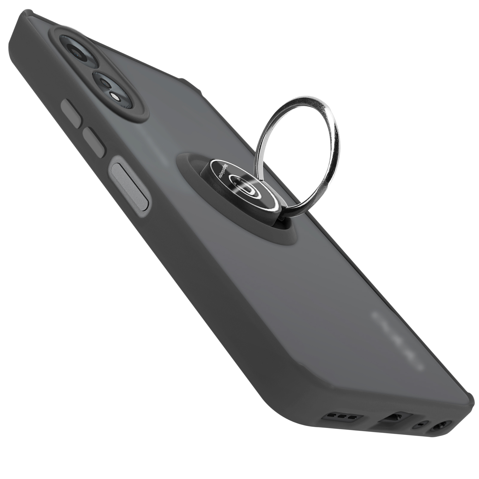 Telefono con anello di supporto, custodia nera. L'anello è argentato. Prospettiva angolata. Sfondo bianco.