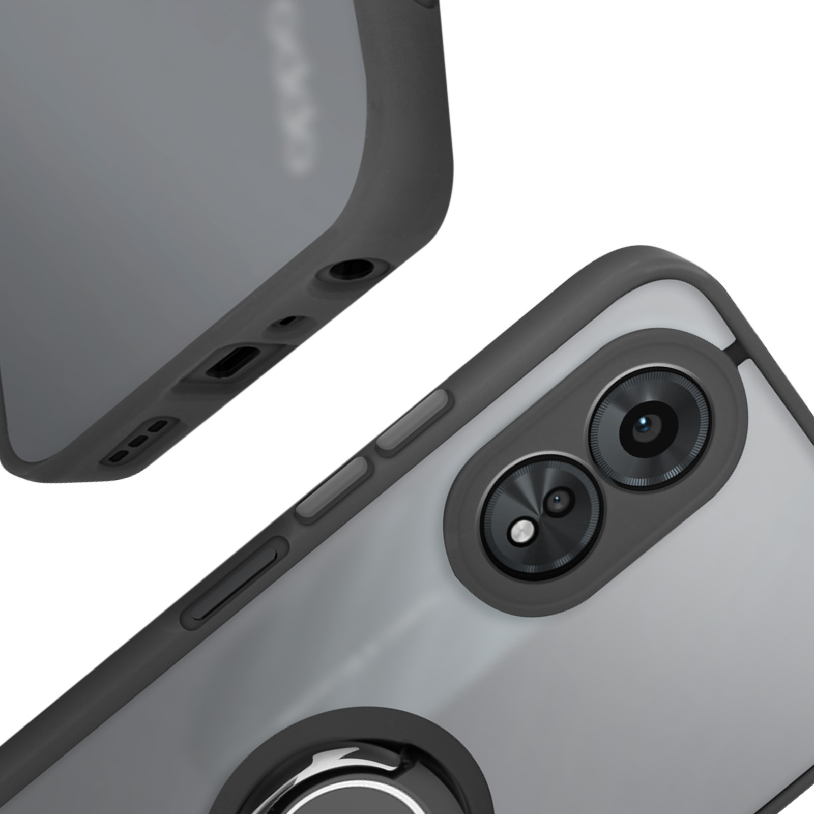 Primo piano di un telefono con una custodia trasparente, che mostra la fotocamera e i pulsanti. La custodia è grigio scuro.