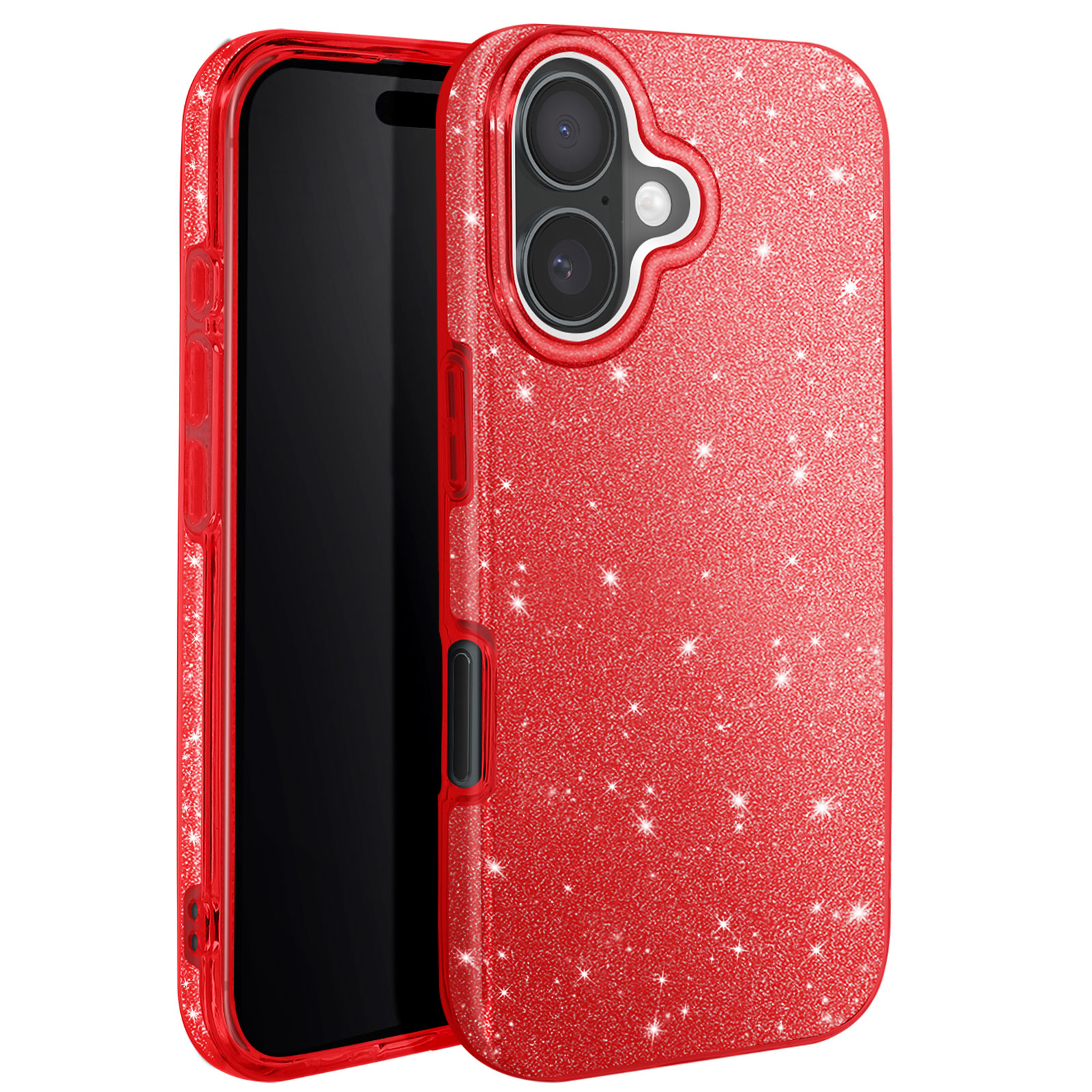 Custodia per telefono glitterata rossa, con un telefono all'interno. La custodia è aperta, mostrando il telefono.