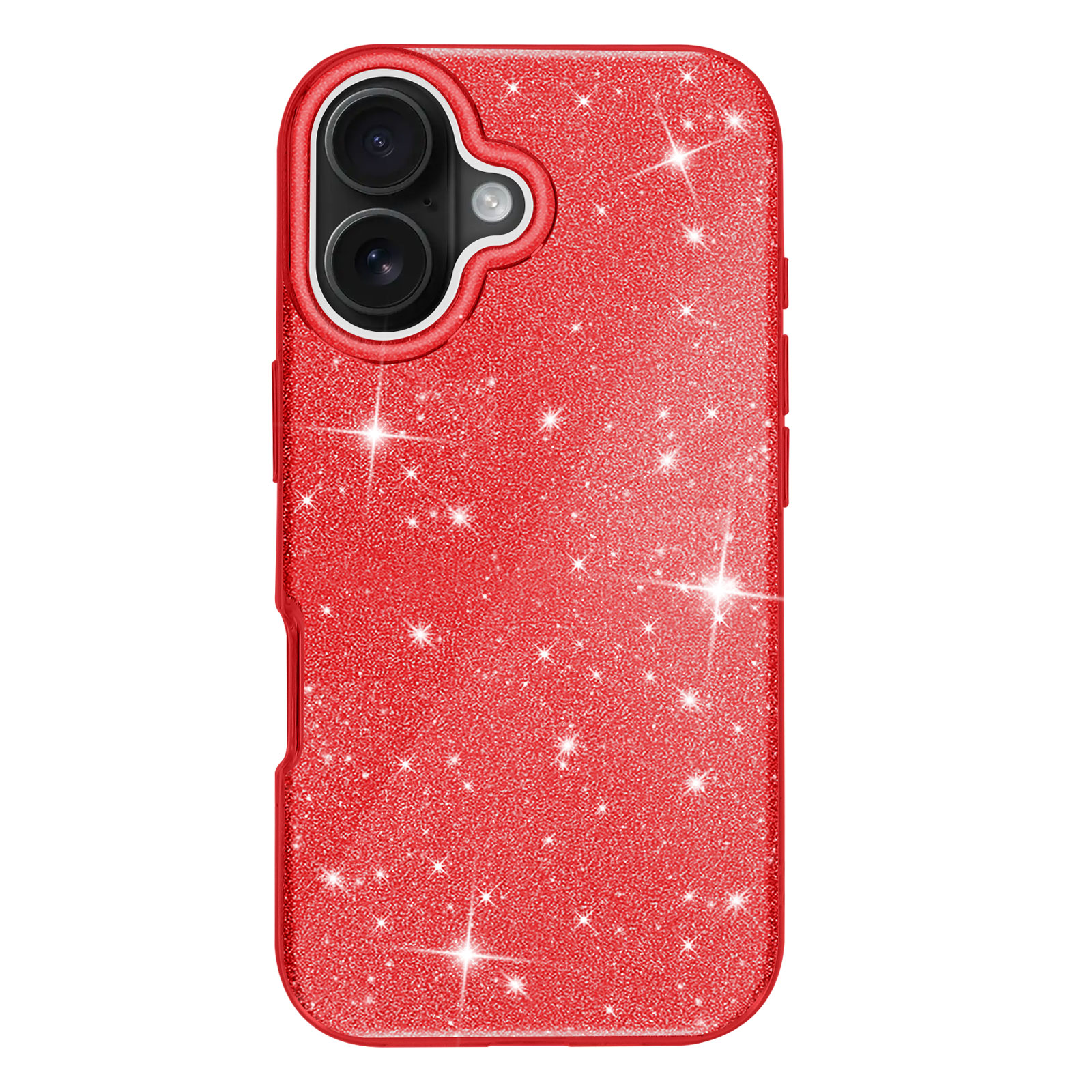 Custodia per telefono glitterata rossa, lucida e scintillante. La custodia ha un'apertura per la fotocamera.